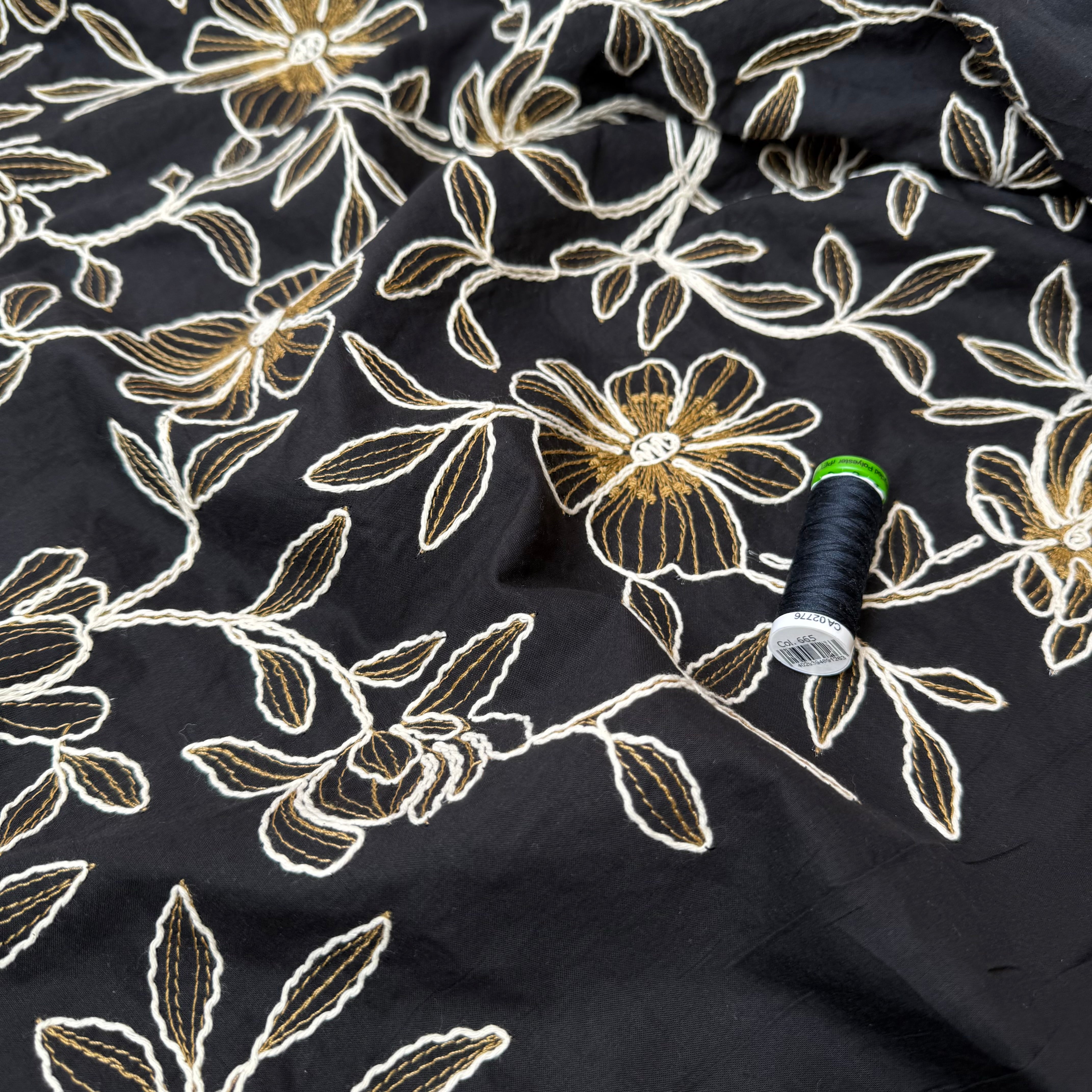 Embroidered Flowers Cotton Fabric in Black