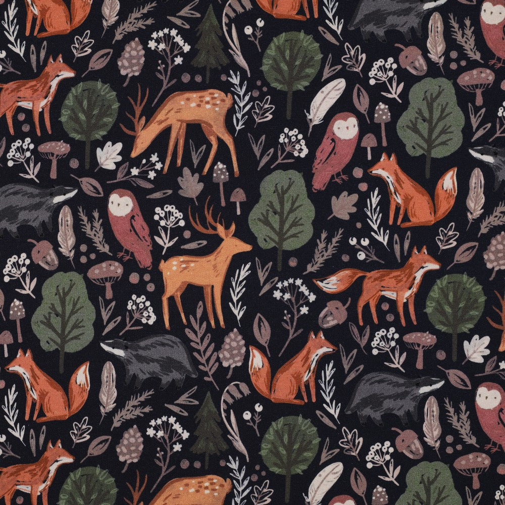 Woodland Anmals on Dark Navy Cotton Sweat Shirting Fabric