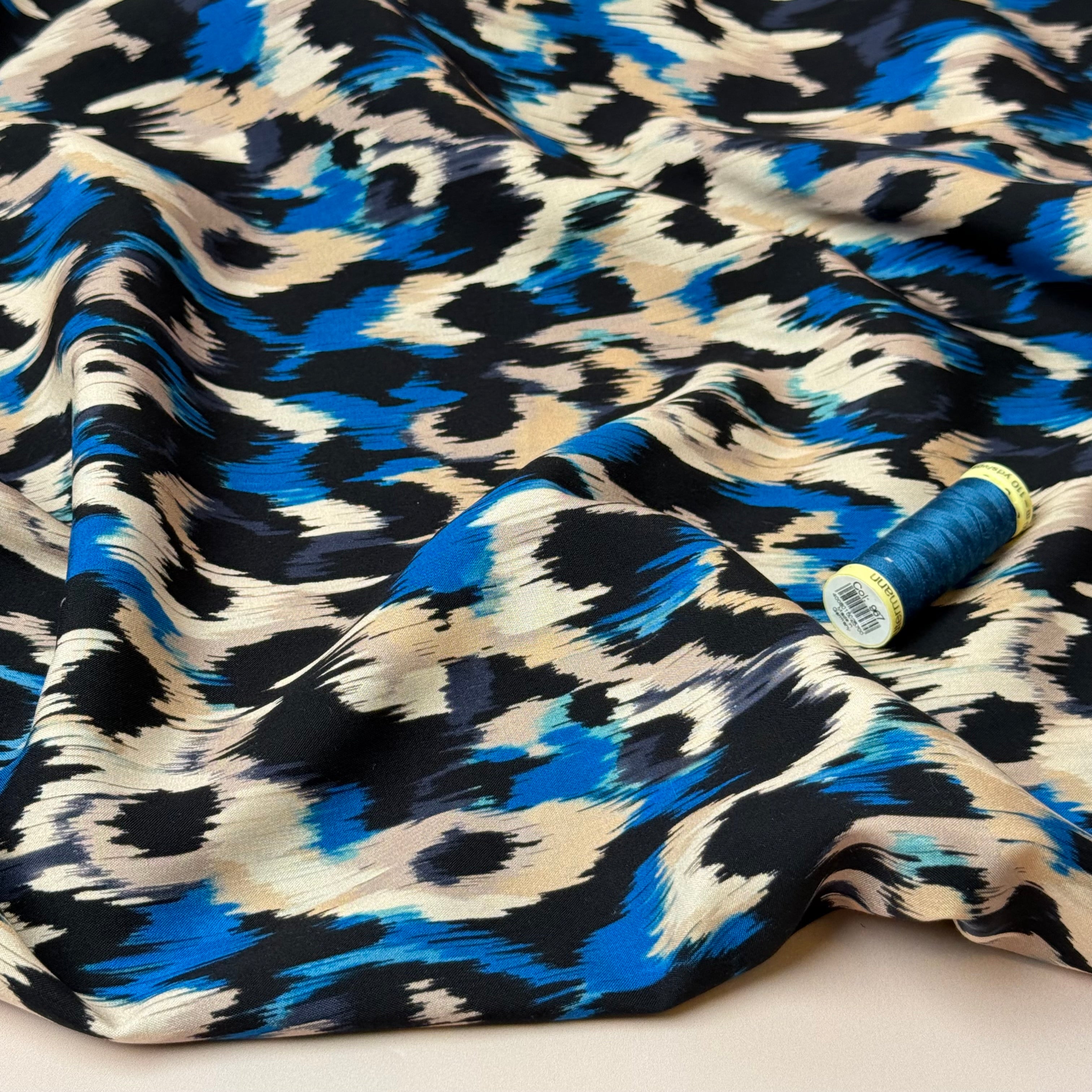 Abstract Animal Blue Viscose Poplin Fabric