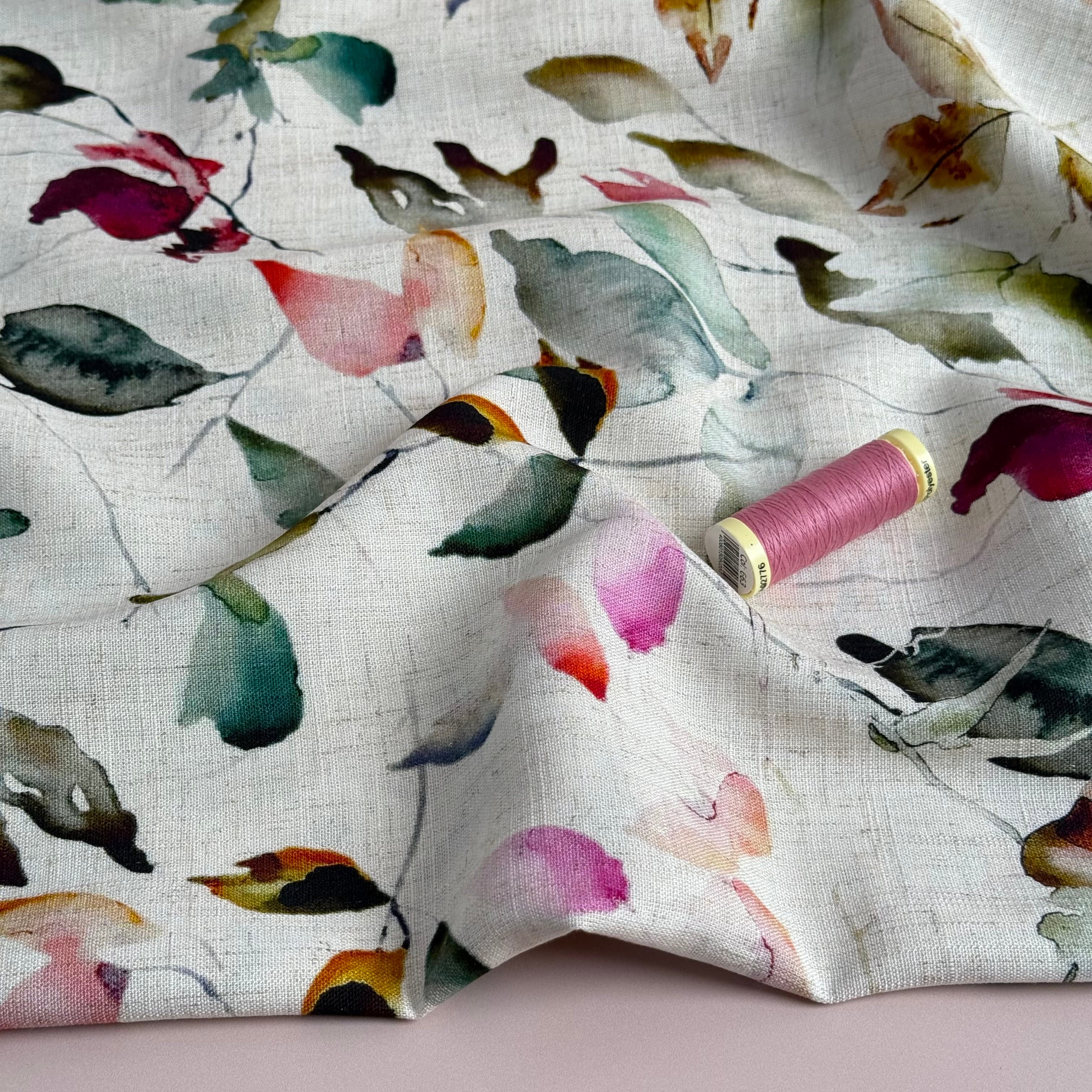 Watercolour Leaves Viscose Linen Fabric