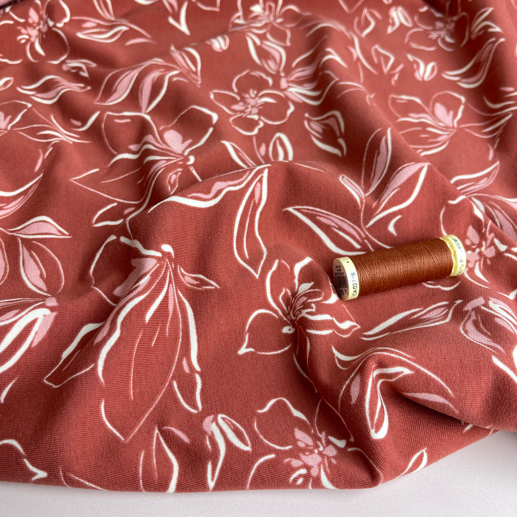 REMNANT 1.04 Metres - Line Flowers on Terracotta Recycled Cotton French Terry