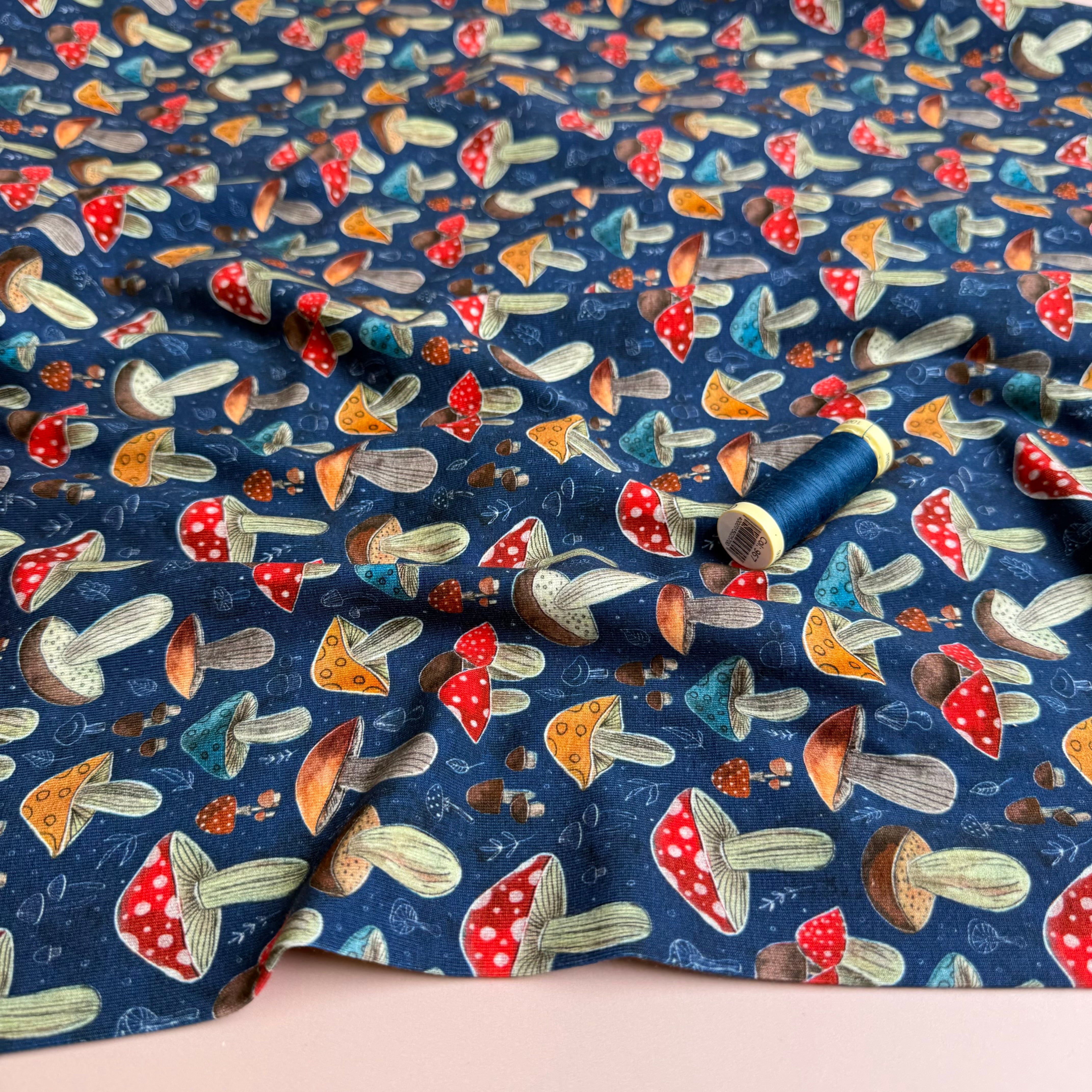 Colourful Mushrooms Blue Cotton Jersey Fabric