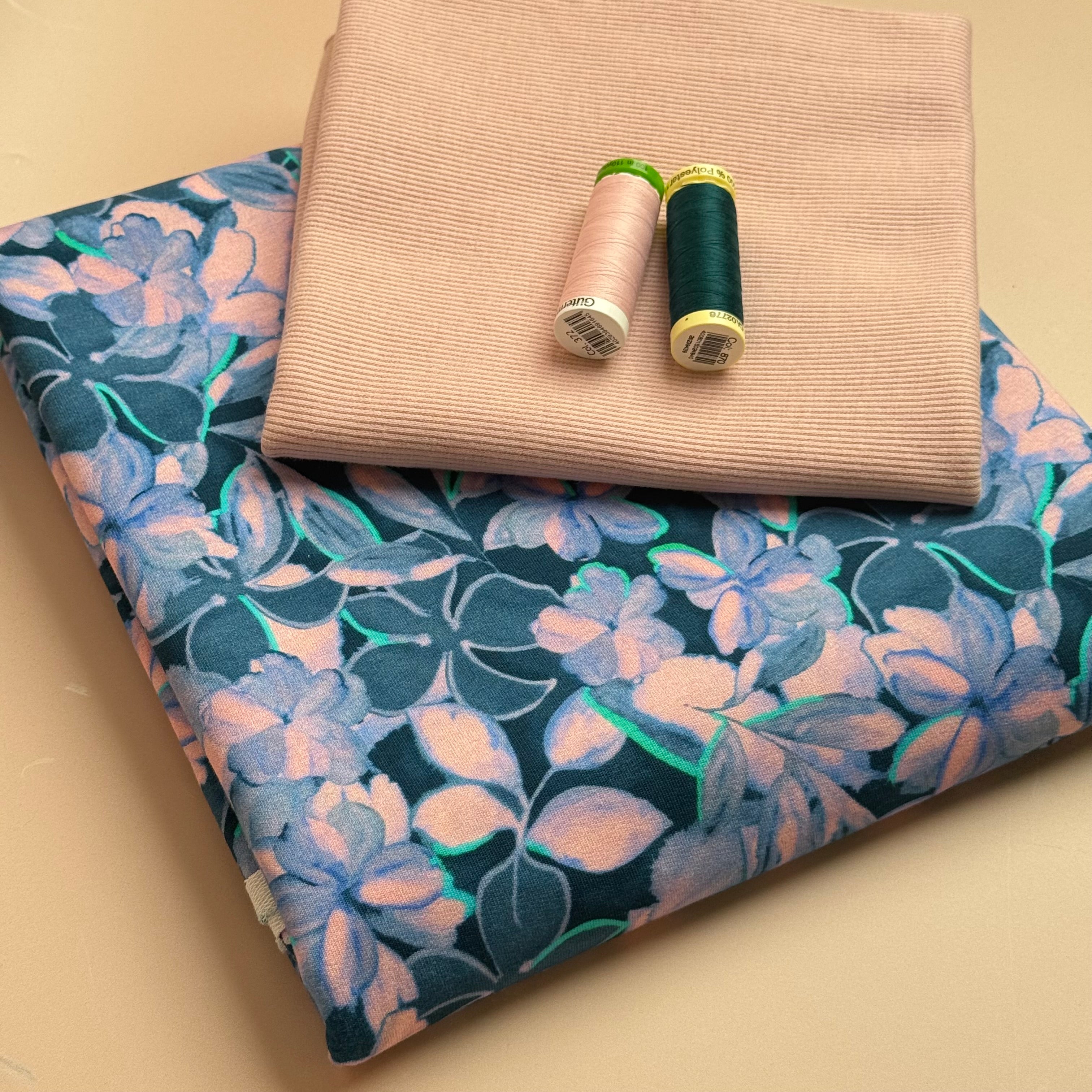 Colour Bundles - Painted Petals Petrol Cotton French Terry & Matching Ribbing