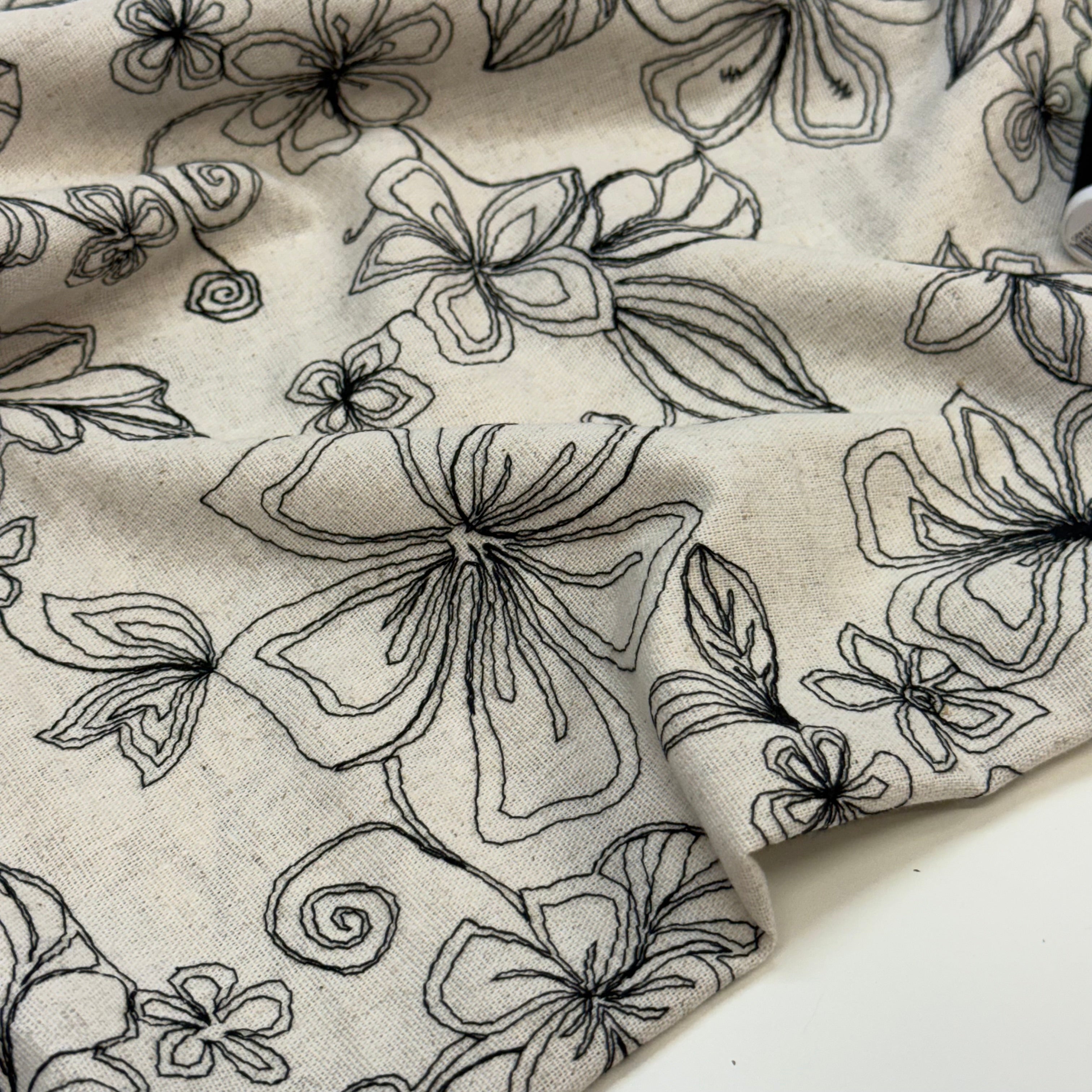 Embroidered Black Flowers on Natural Viscose Linen Blend Fabric