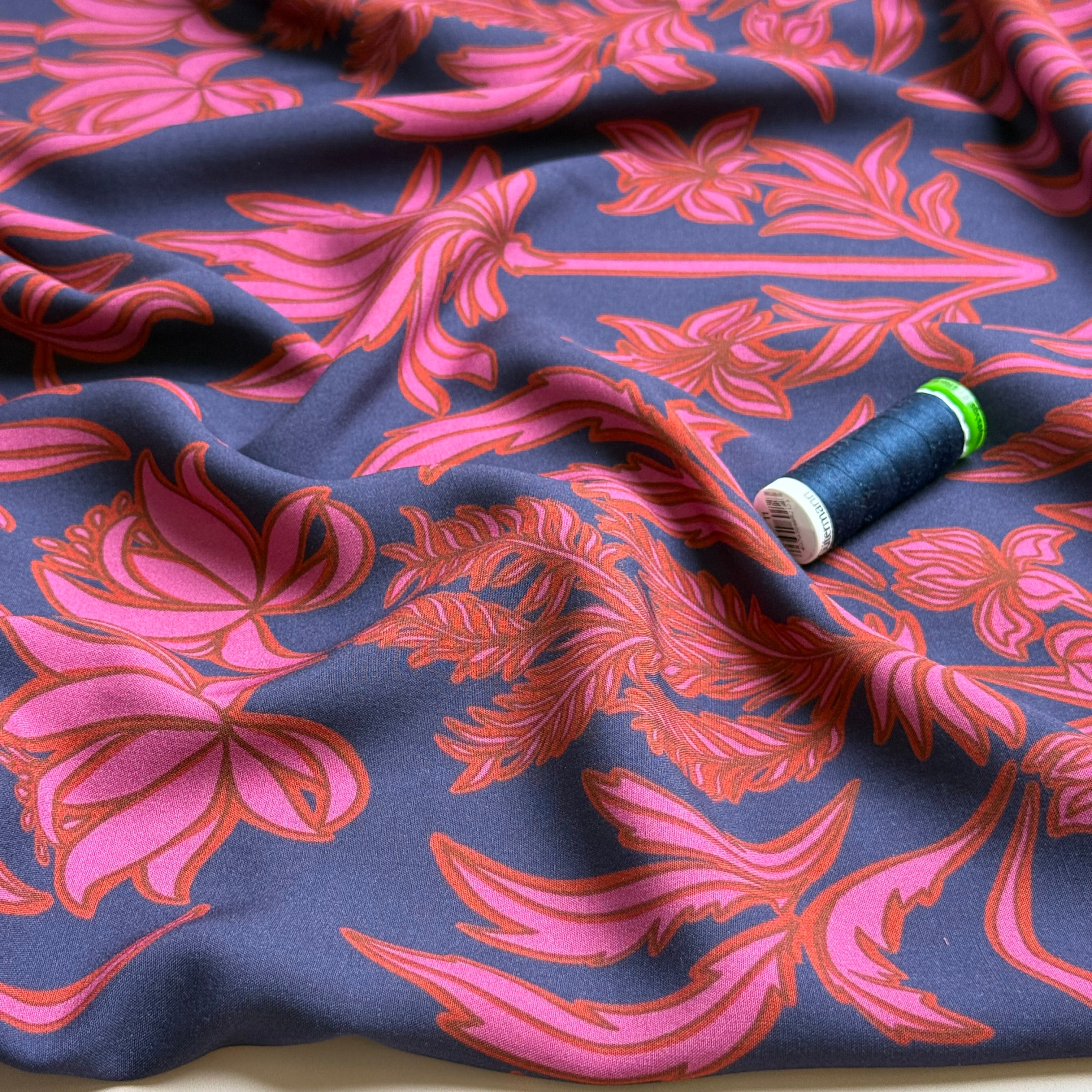 Deadstock - Autumn Foliage on Navy Viscose Fabric