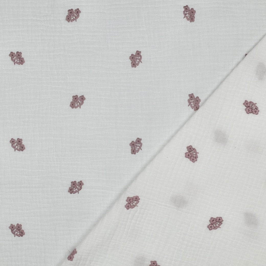 Embroidered Pink Flowers on White Cotton Double Gauze