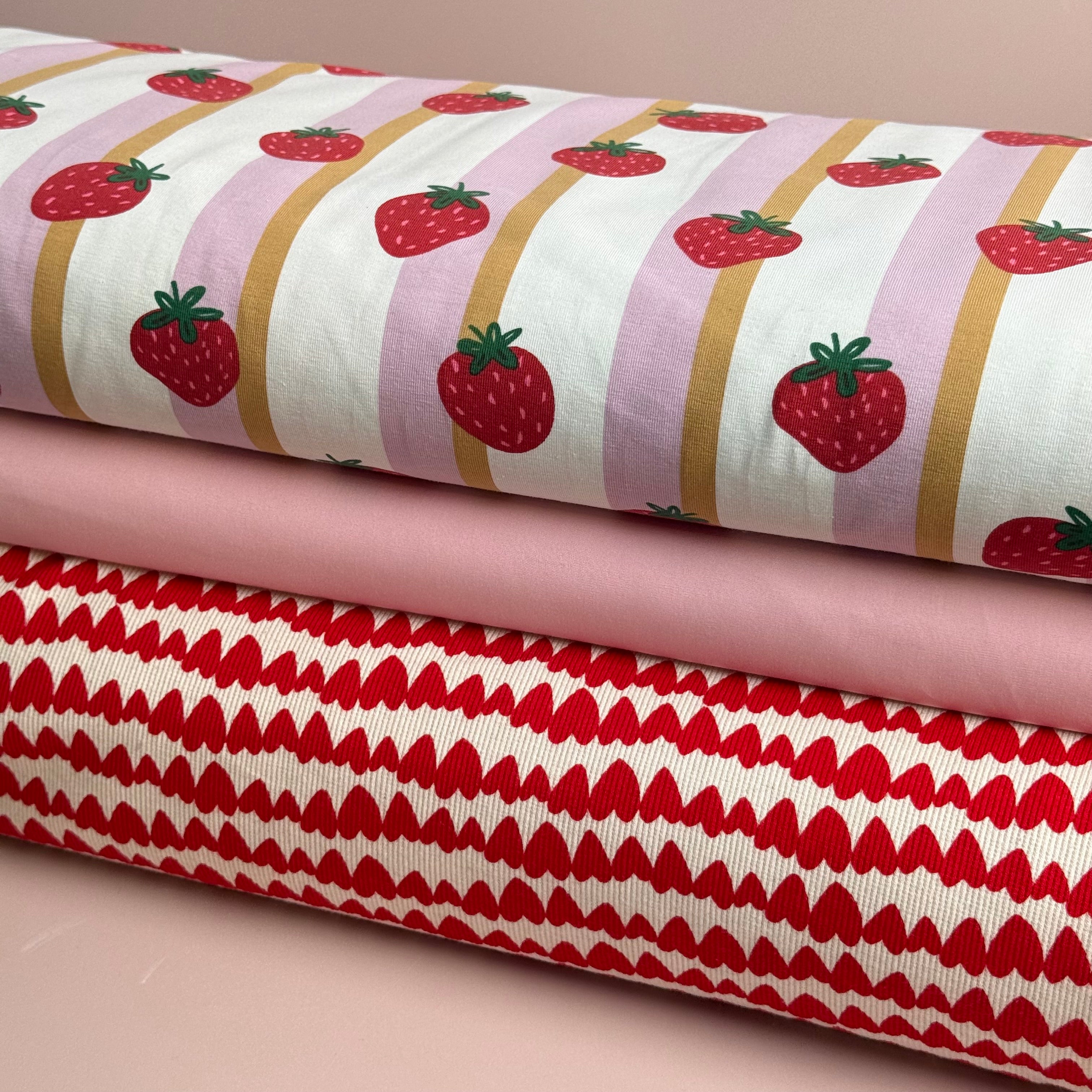 Strawberries in Lanes Pink Cotton Jersey Fabric