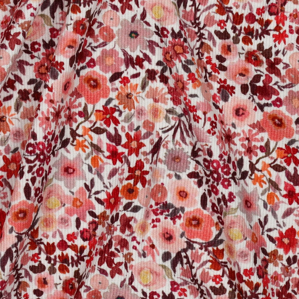 Ditsy Flowers on Peach Cotton Ribbed Jersey