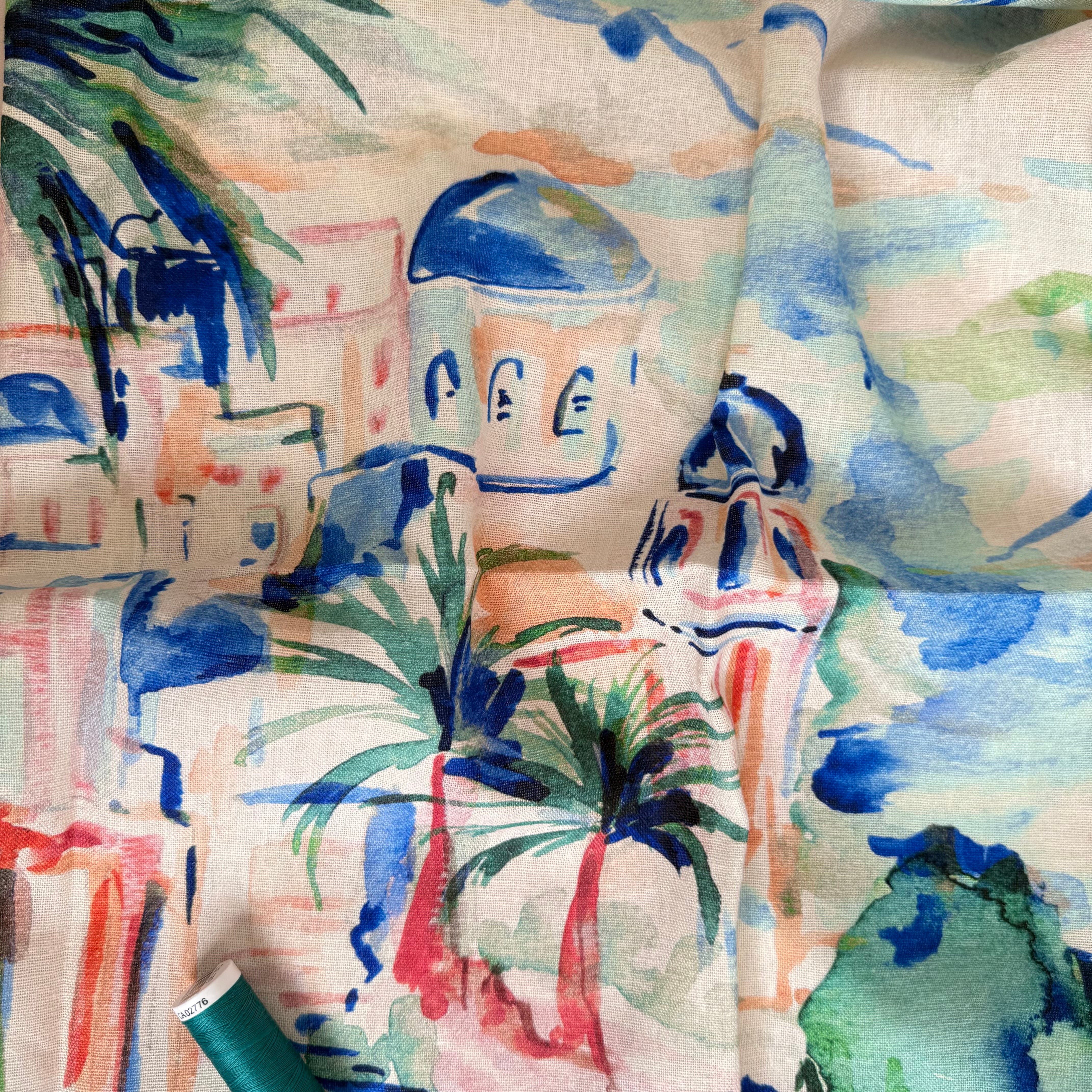 PRE-ORDER - arriving by end of August - Riviera Landscape Cobalt Linen Viscose Blend Fabric
