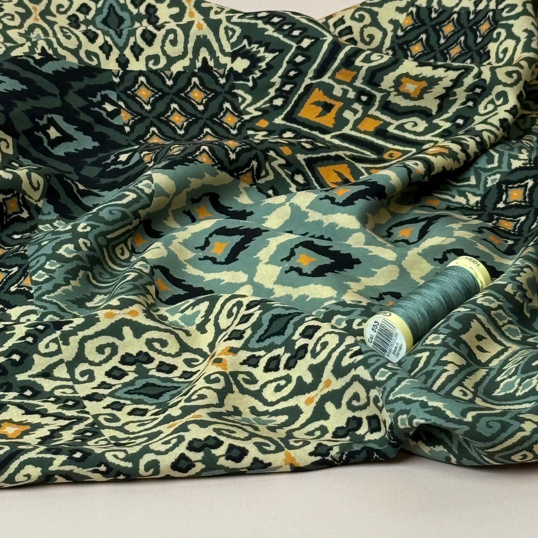 REMNANT 0.57 Metre - Vintage Patchwork Green Viscose Poplin Fabric