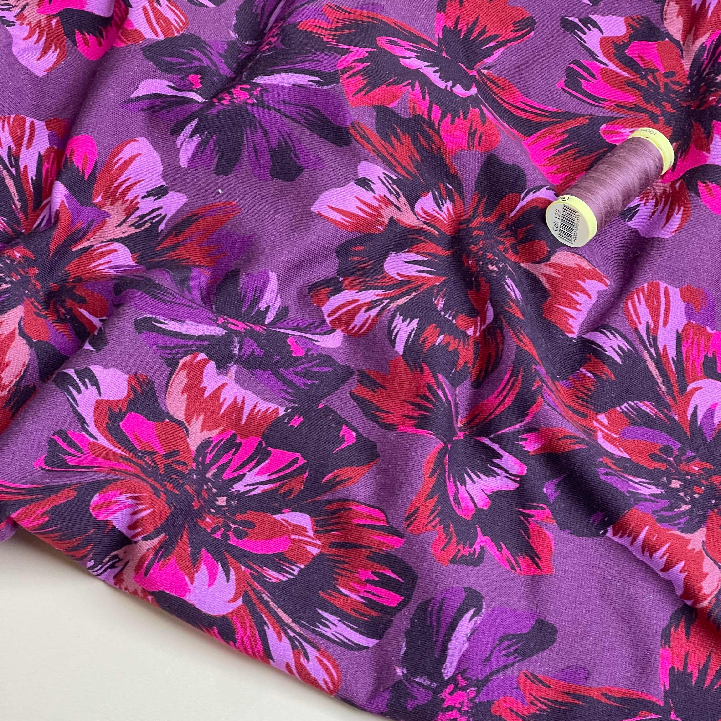Magenta  Flowers Dark Navy Cotton Sweat-shirting Fabric