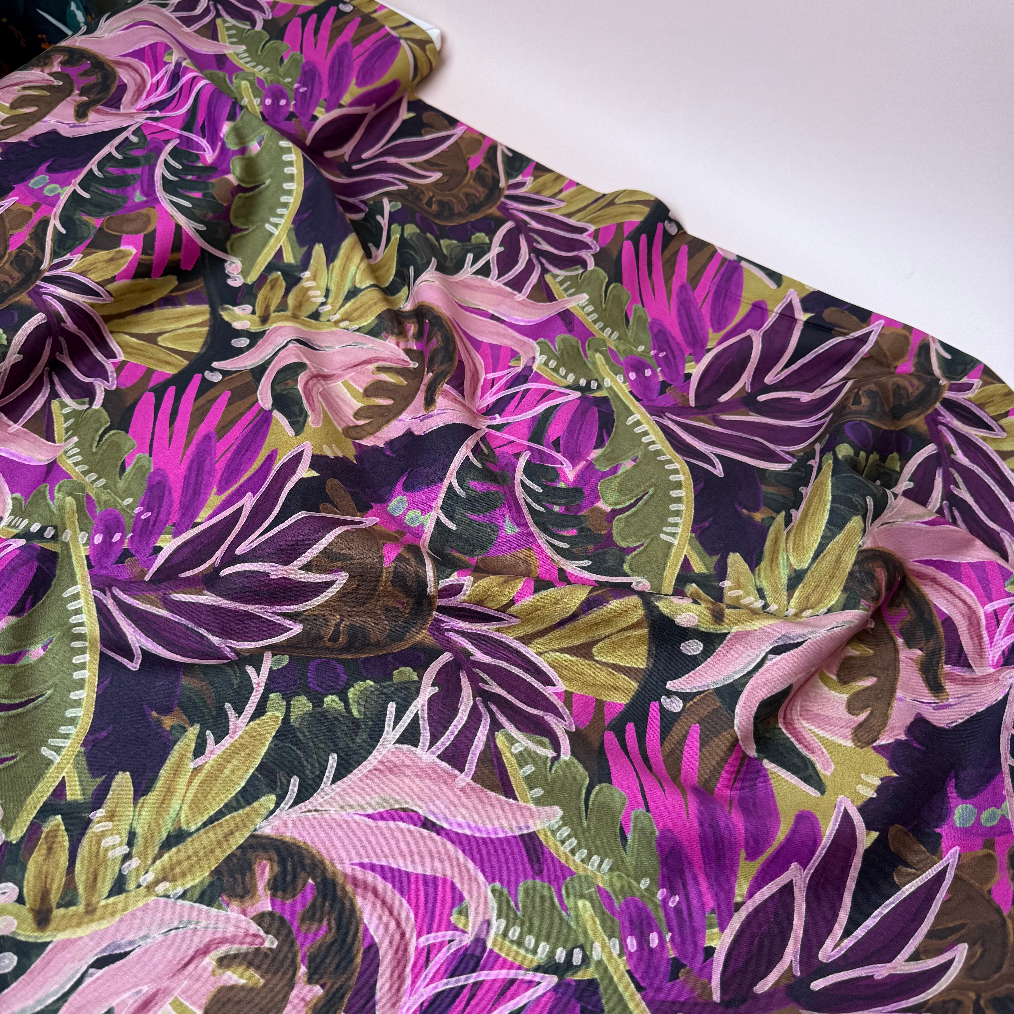 Tropical Foliage Magenta Cotton Viscose Fabric