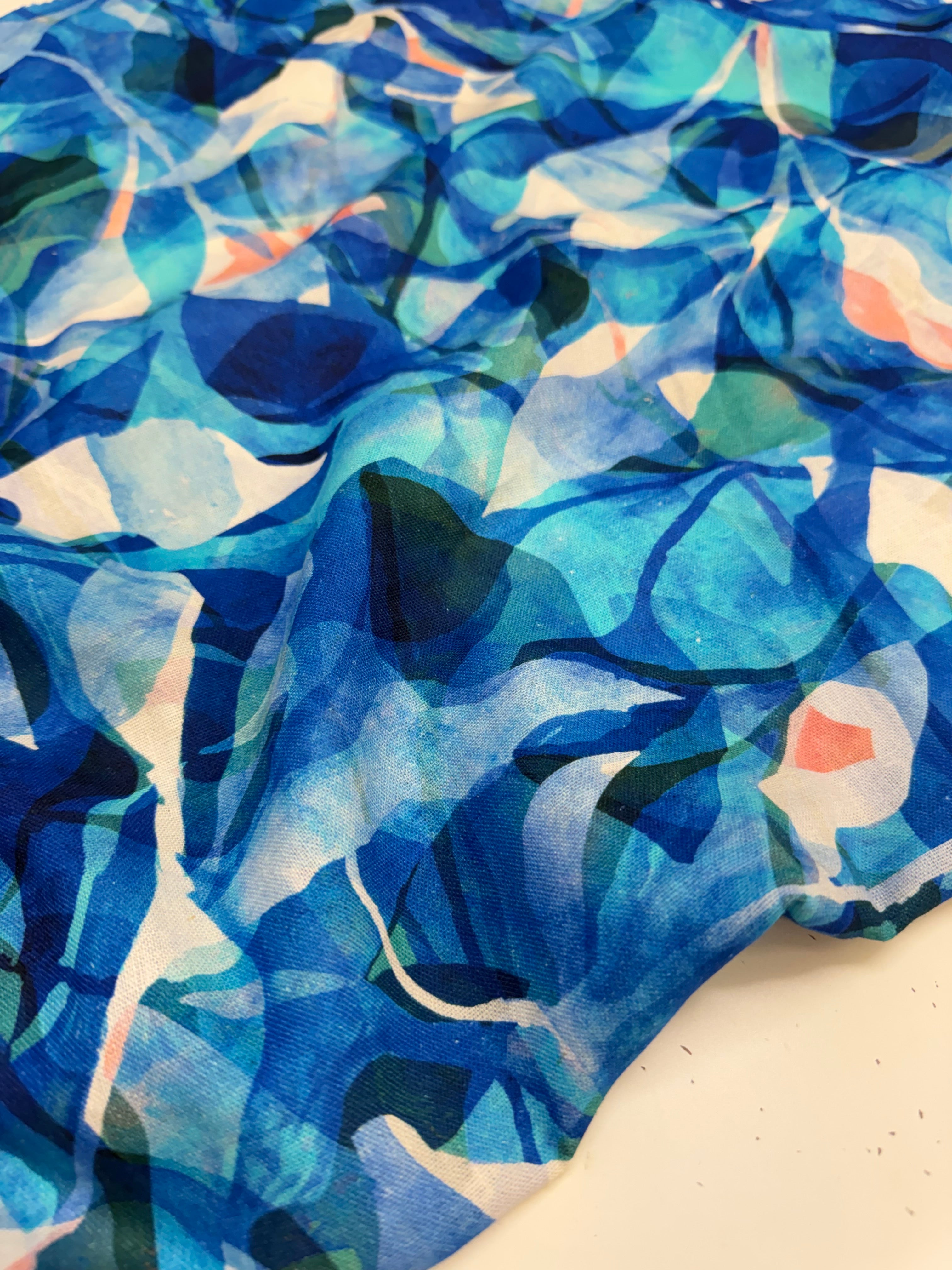 PRE-ORDER (arriving at the end of May) - Painted Foliage Ocean Linen Viscose Blend Fabric