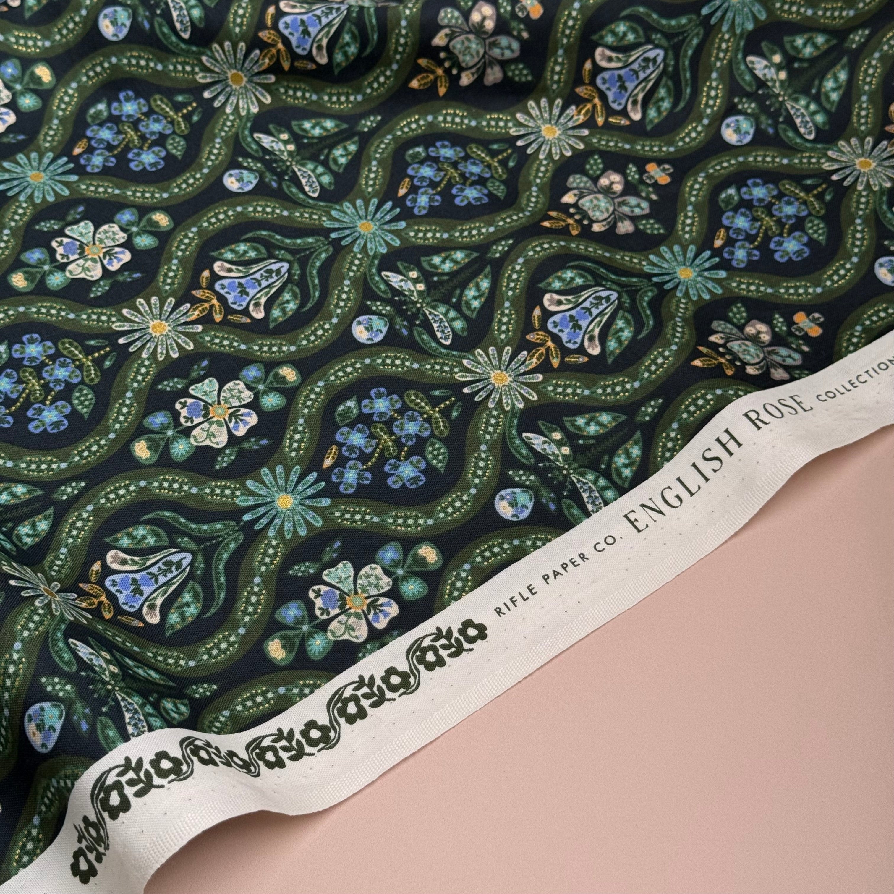 Rifle Paper Co - Posie in Peacock Metallic Cotton Fabric from English Rose