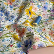 Meadow Flowers on Embroidered White Cotton Voile Fabric
