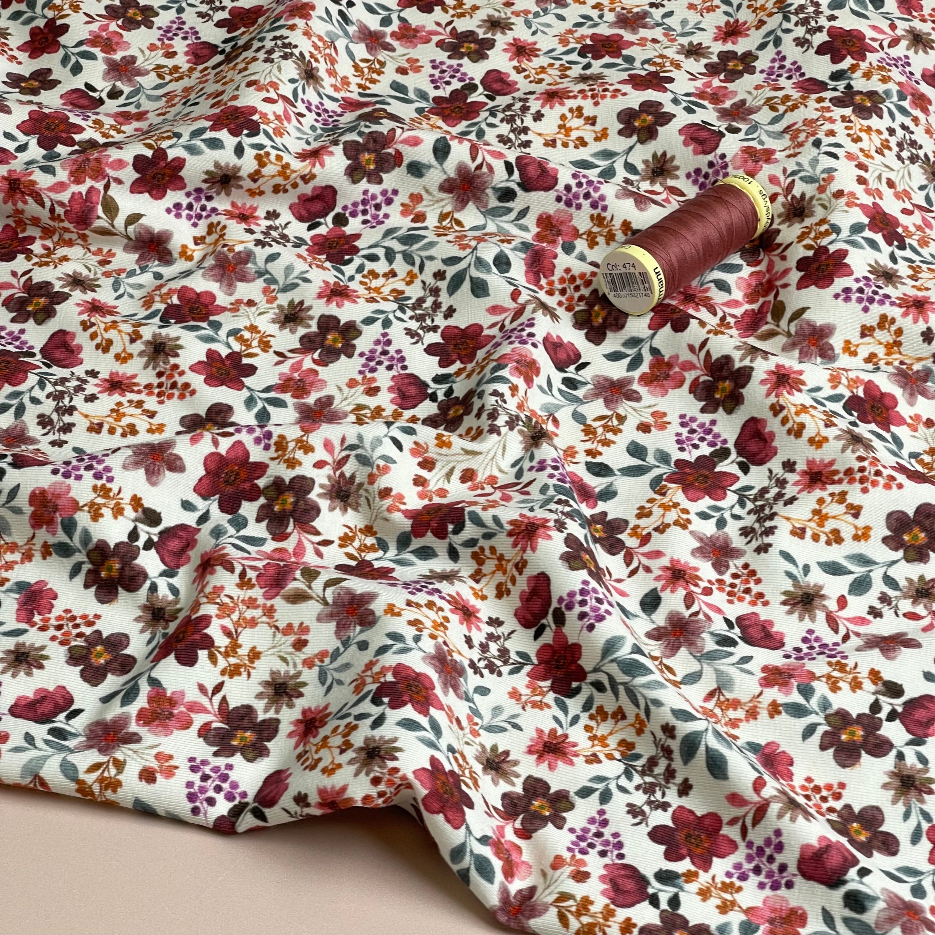 Ditsy Burgundy & Brown Flowers on White Cotton Jersey Fabric