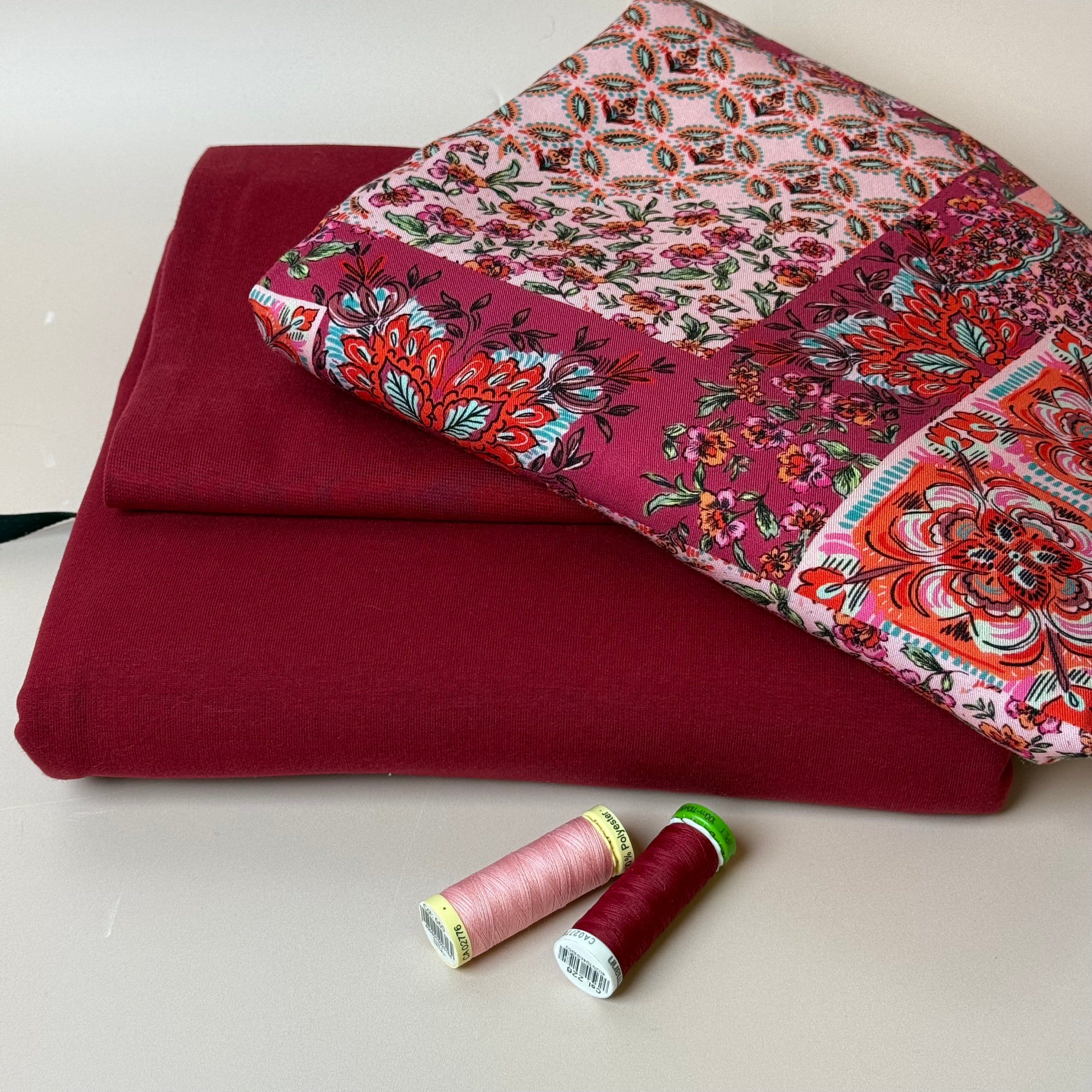 Make an Outfit Colour Bundle - Vintage Patchwork Viscose Twill in Berry & Sweatshirting with ribbing