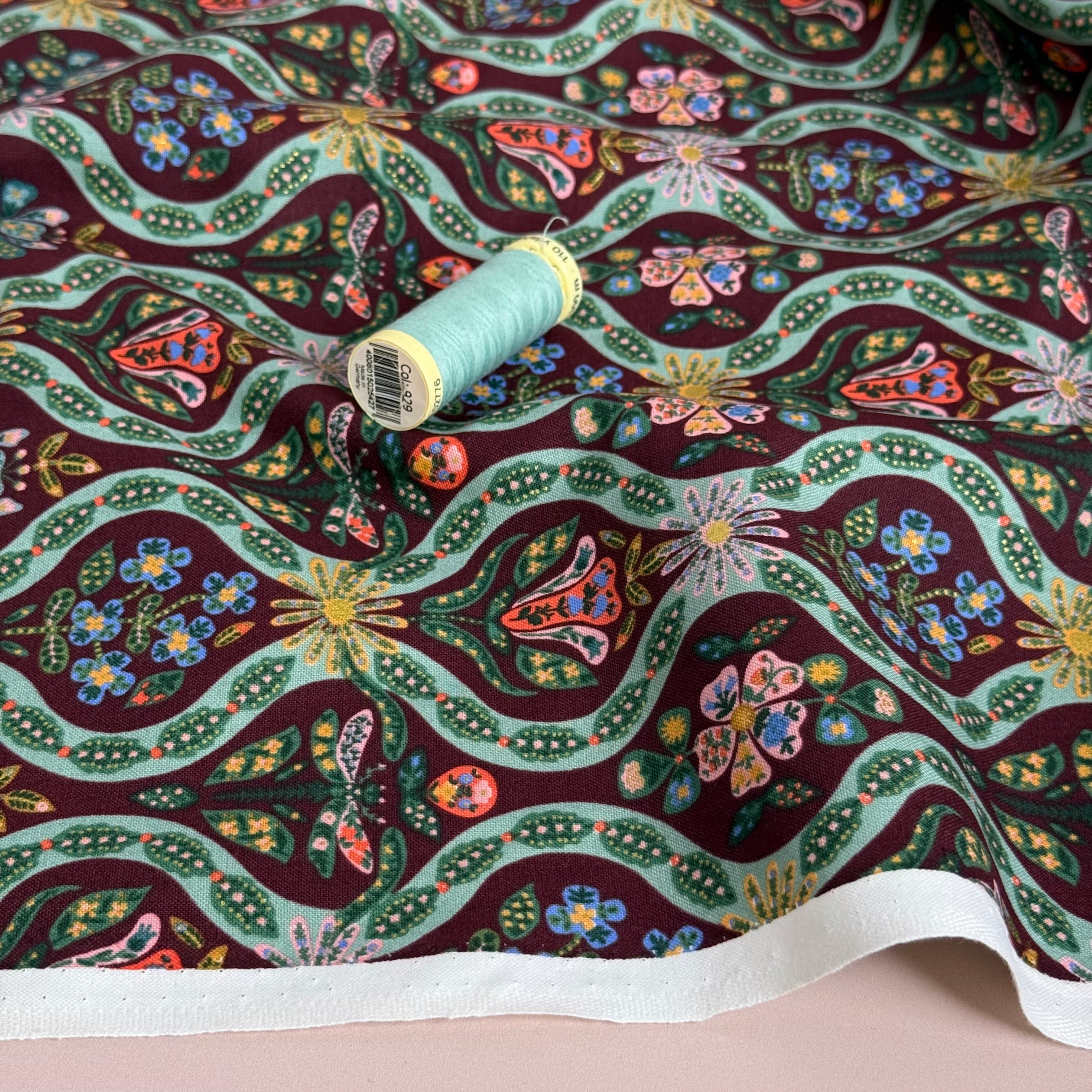 Rifle Paper Co - Posie in Burgundy Metallic Cotton Fabric from English Rose