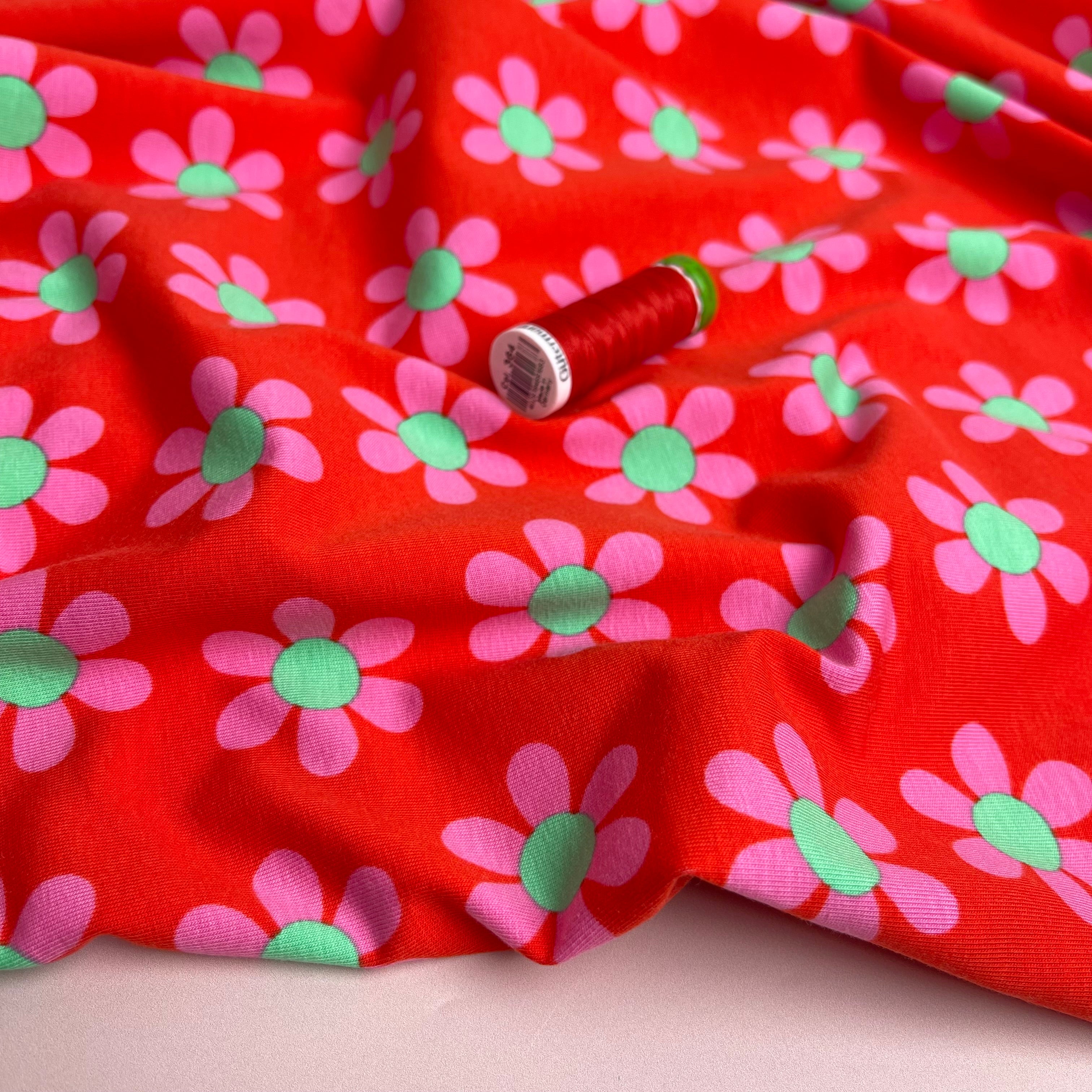 Graphic Flowers Red Cotton Jersey Fabric