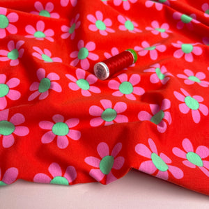 Graphic Flowers Red Cotton Jersey Fabric