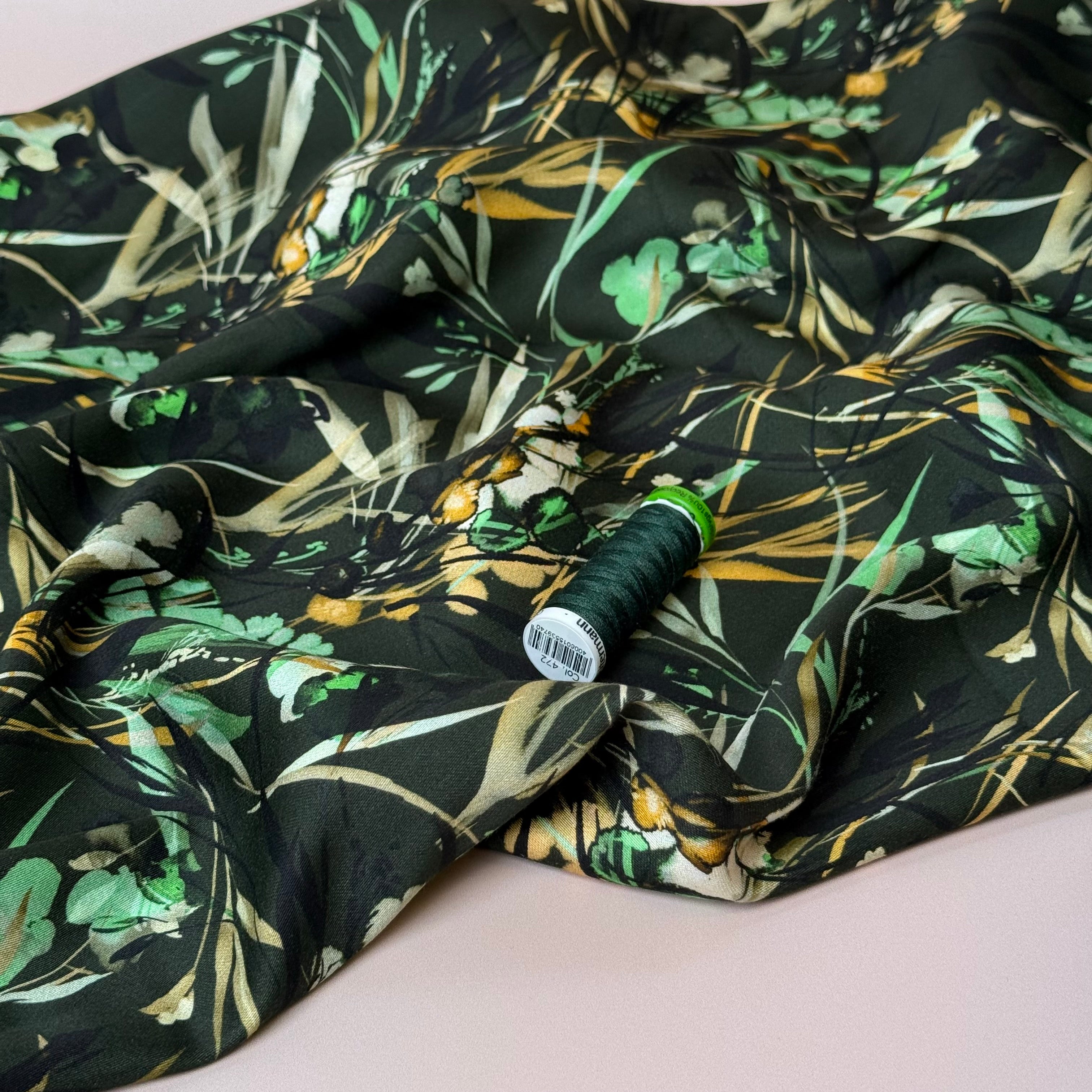 REMNANT 1.88 Metres - Autumn Foliage Dark Green Viscose Sateen Fabric