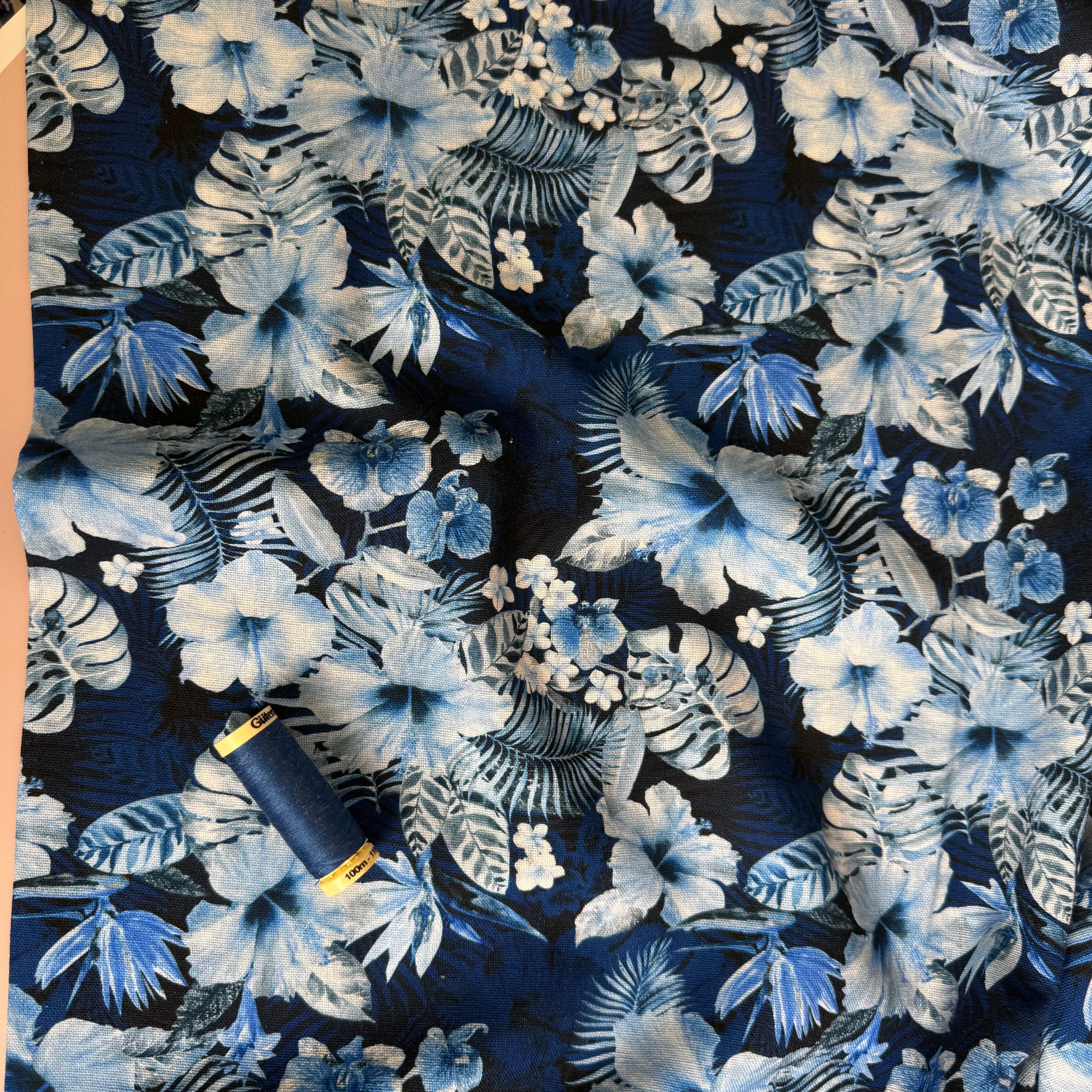 Monochrome Blue Flowers Viscose Linen Fabric