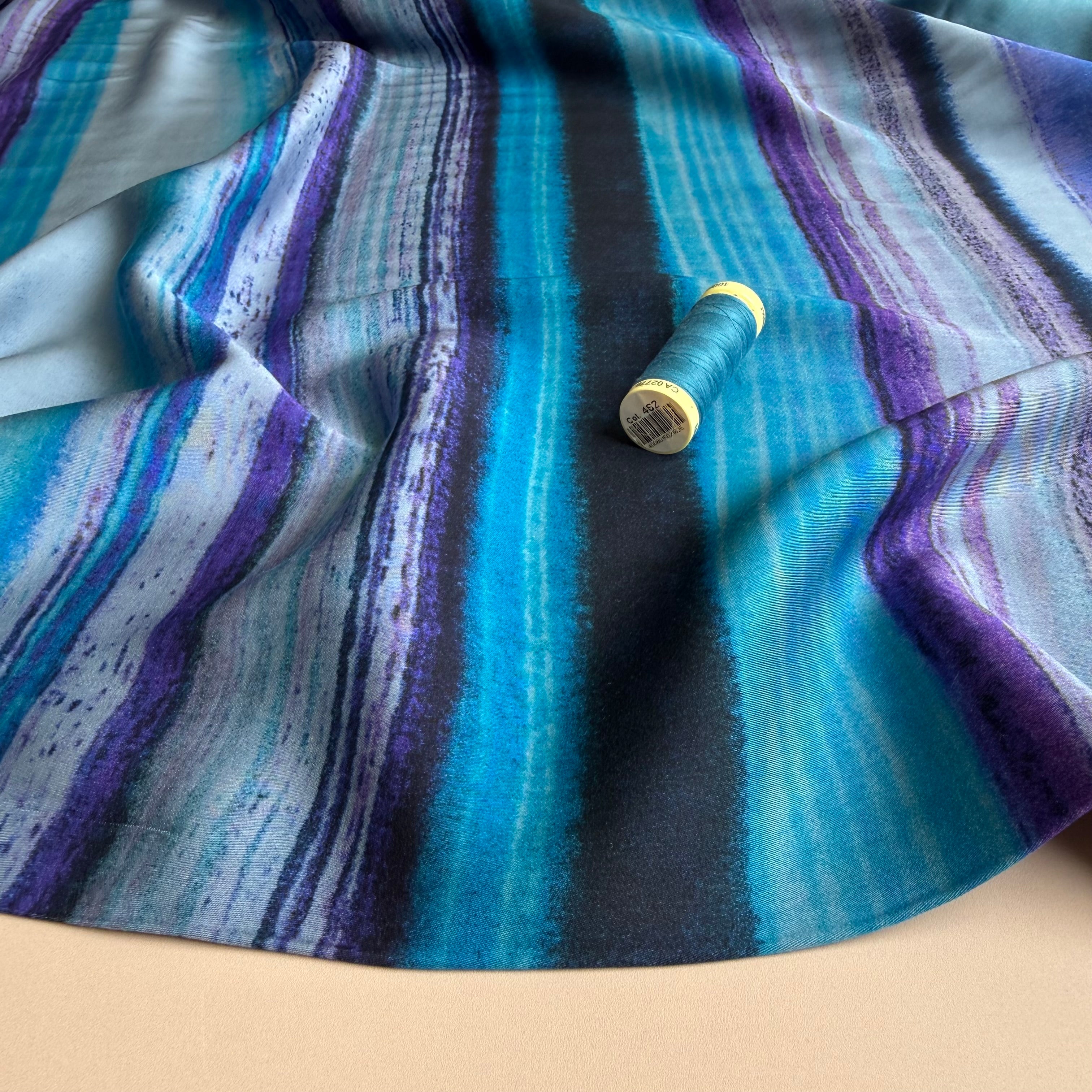 Hazy Horizontal Stripes Ocean Viscose Sateen Fabric