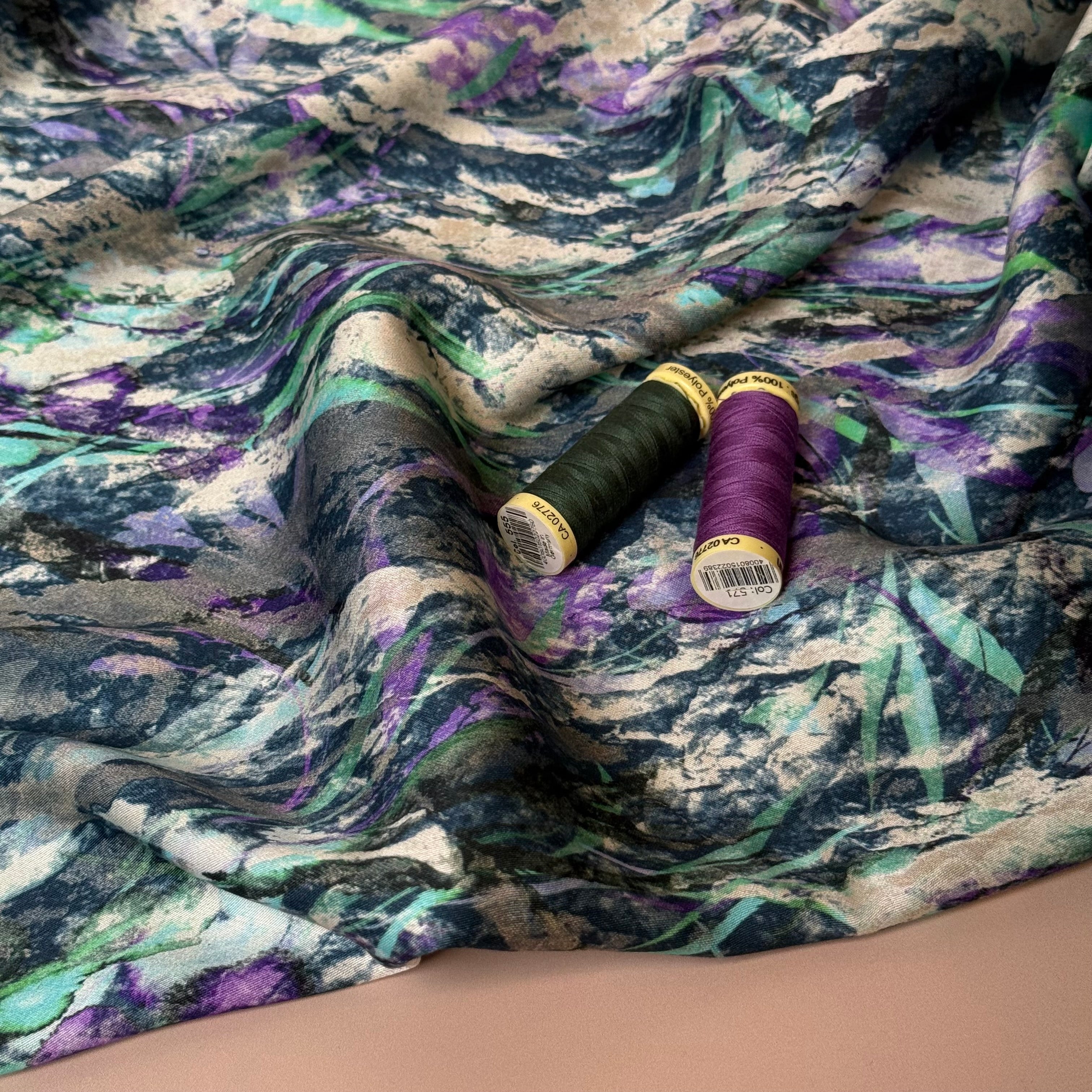 Autumn Foliage River Blue Viscose Sateen Fabric