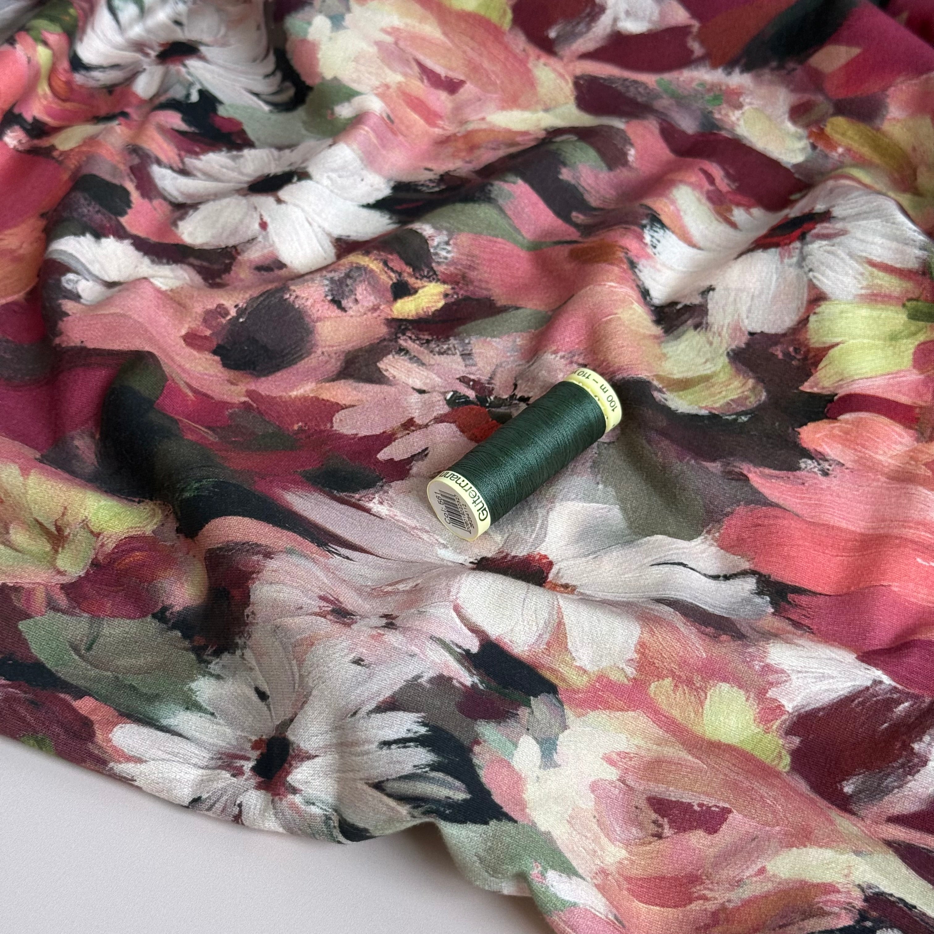 Painted Florals Burguny Cotton French Terry Fabric
