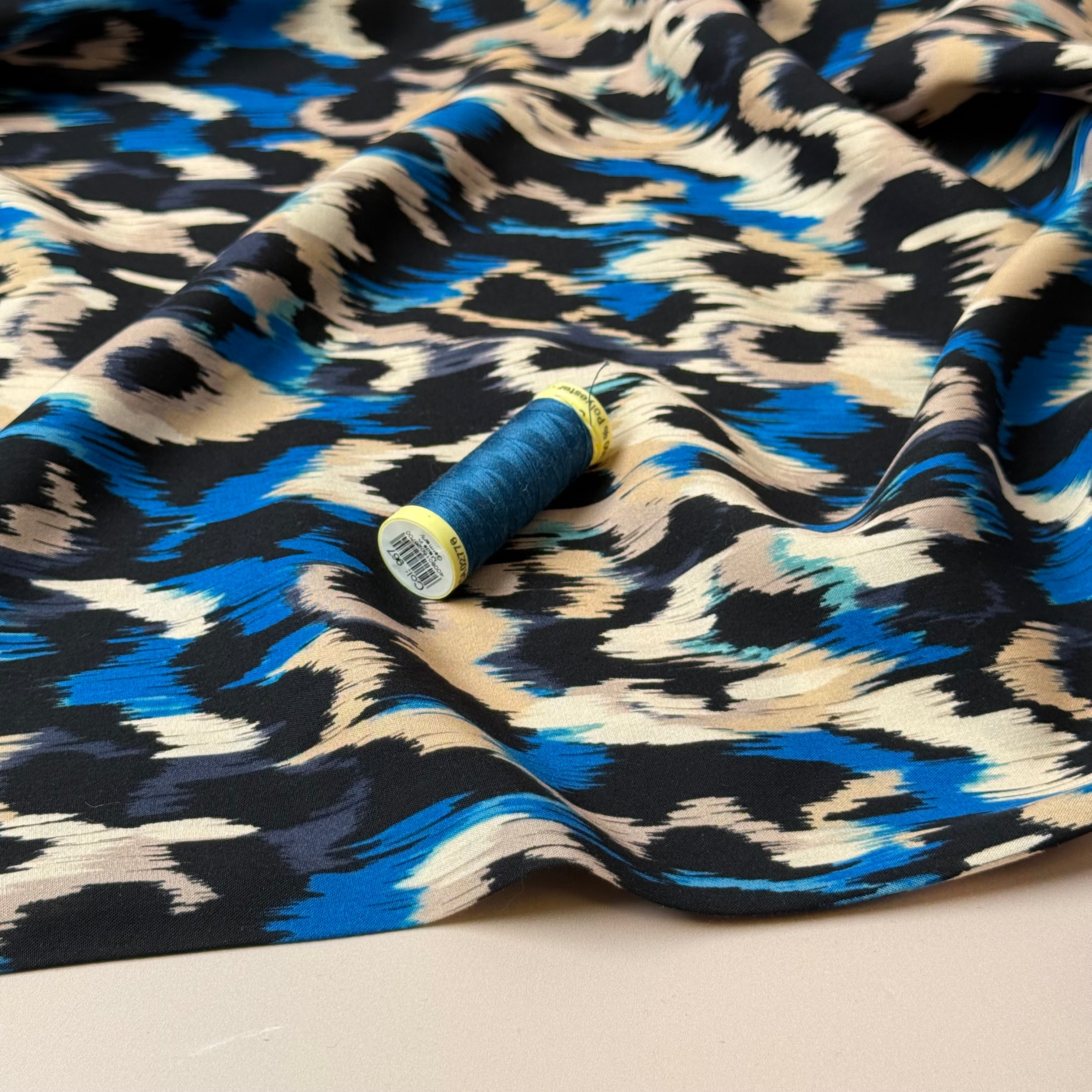 Abstract Animal Blue Viscose Poplin Fabric