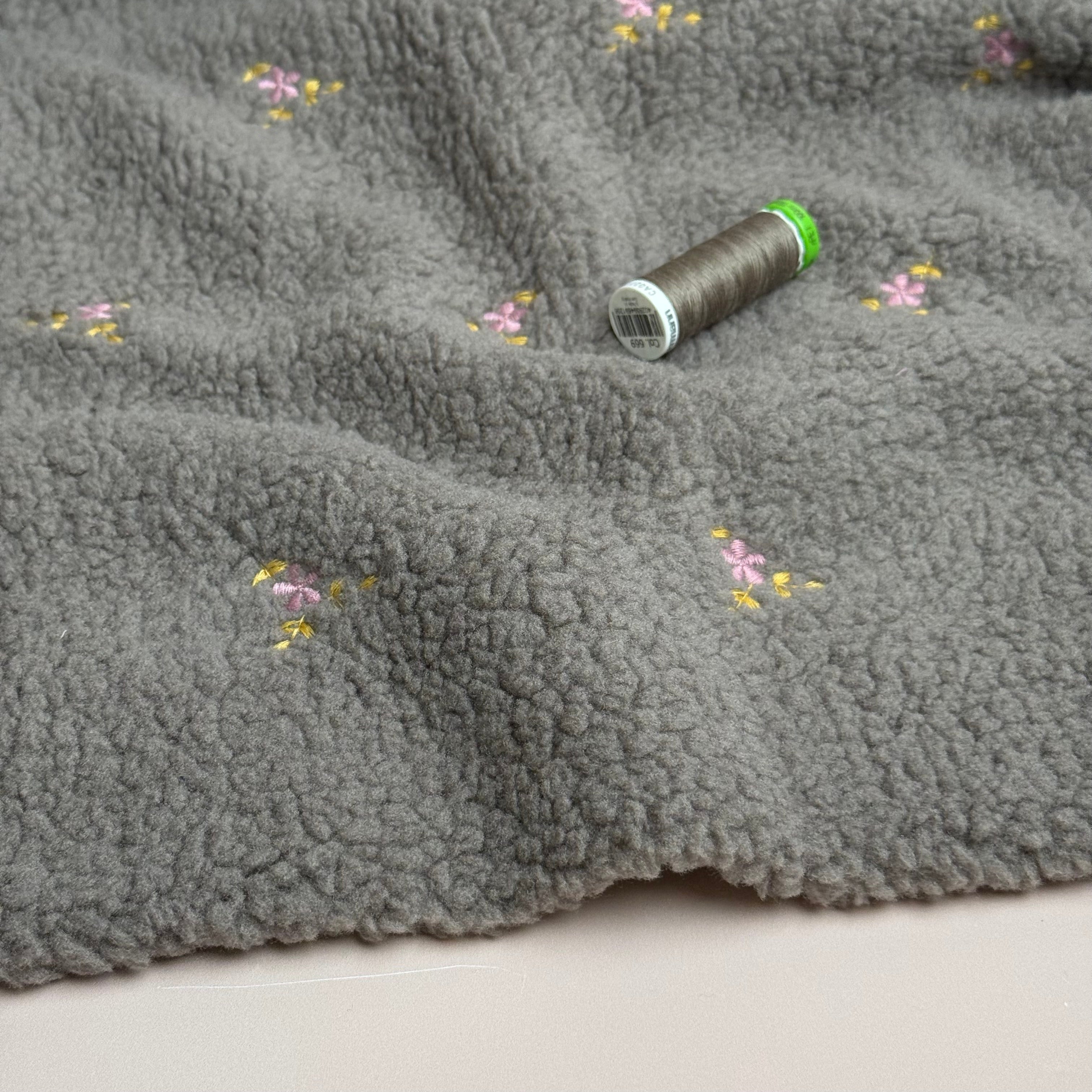 Teddy Fabric with Embroidered Flowers in Grey