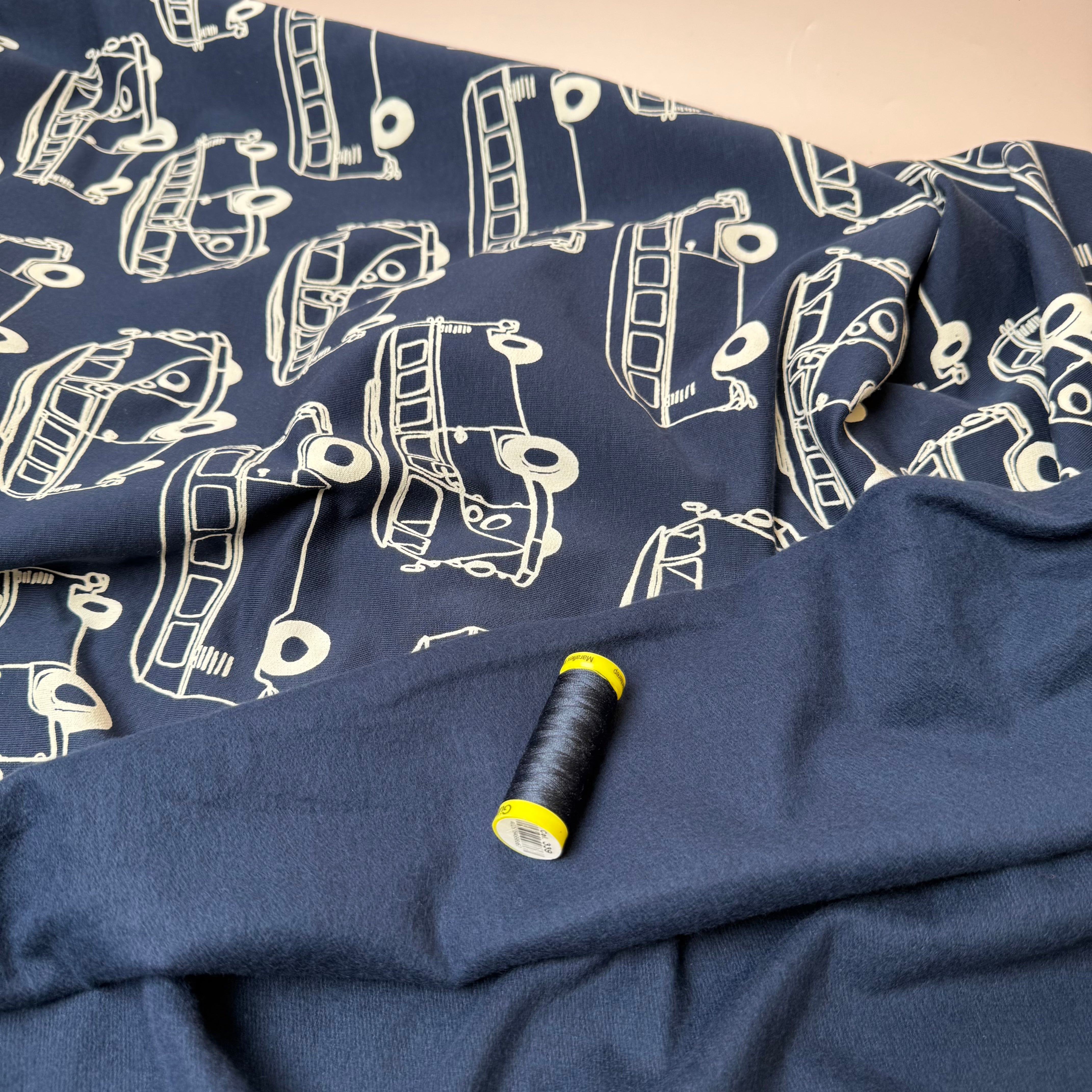 Camper Vans in Navy Peach Soft Cotton Sweat-shirting Fabric
