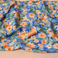 Peach Watercolour Flowers on Blue Viscose Fabric