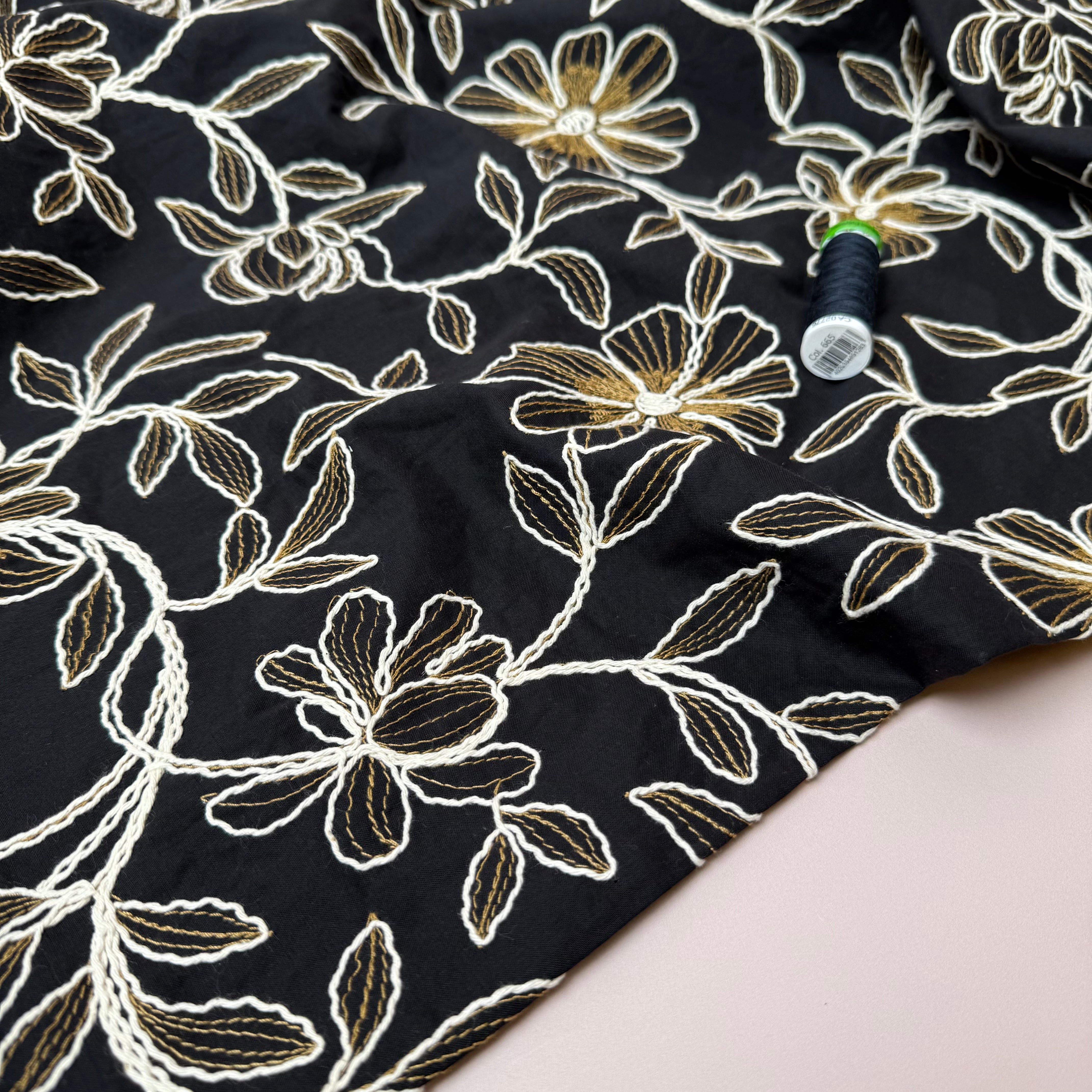 Embroidered Flowers Cotton Fabric in Black