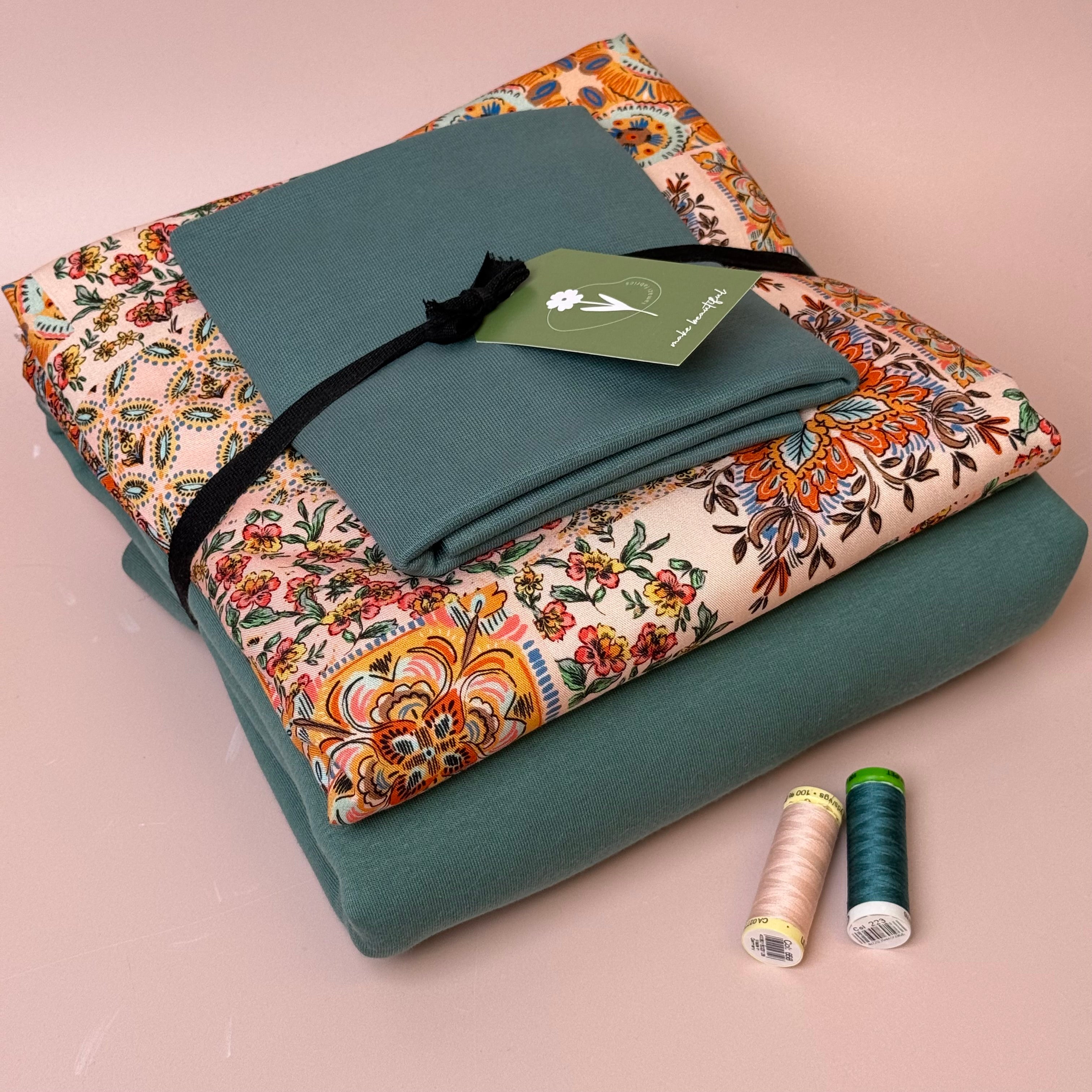 Make an Outfit Colour Bundle - Patchwork Viscose Twill & Sweatshirting in Sea Pine with Ribbing