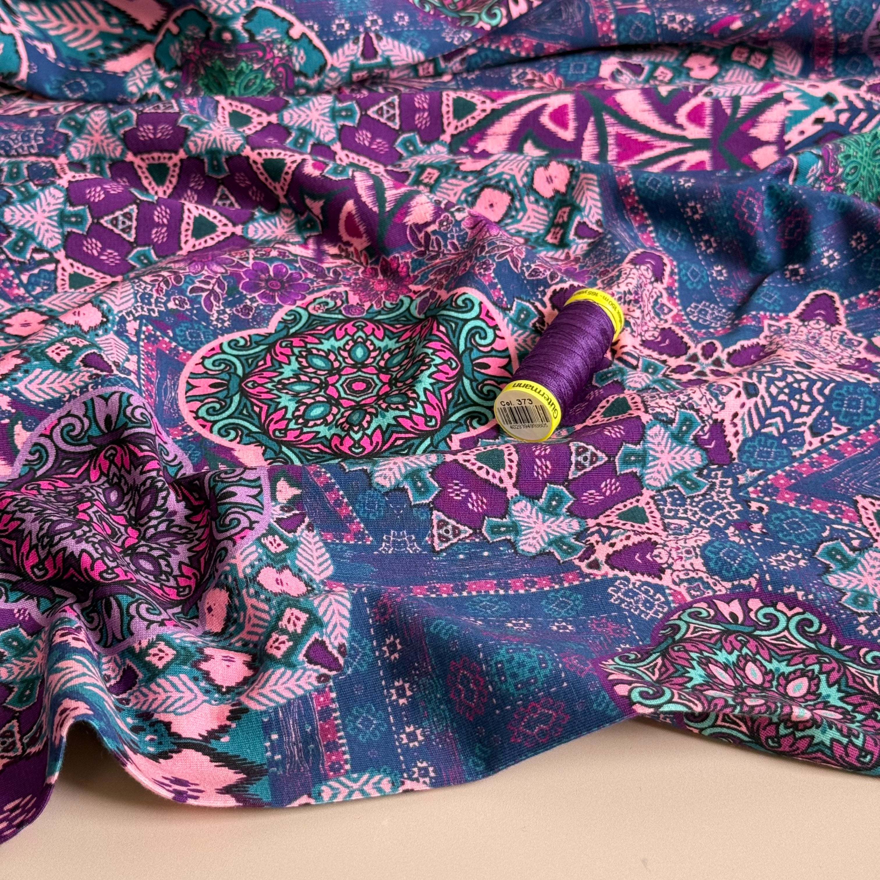 Ornamental Deco Purple Cotton Jersey Fabric