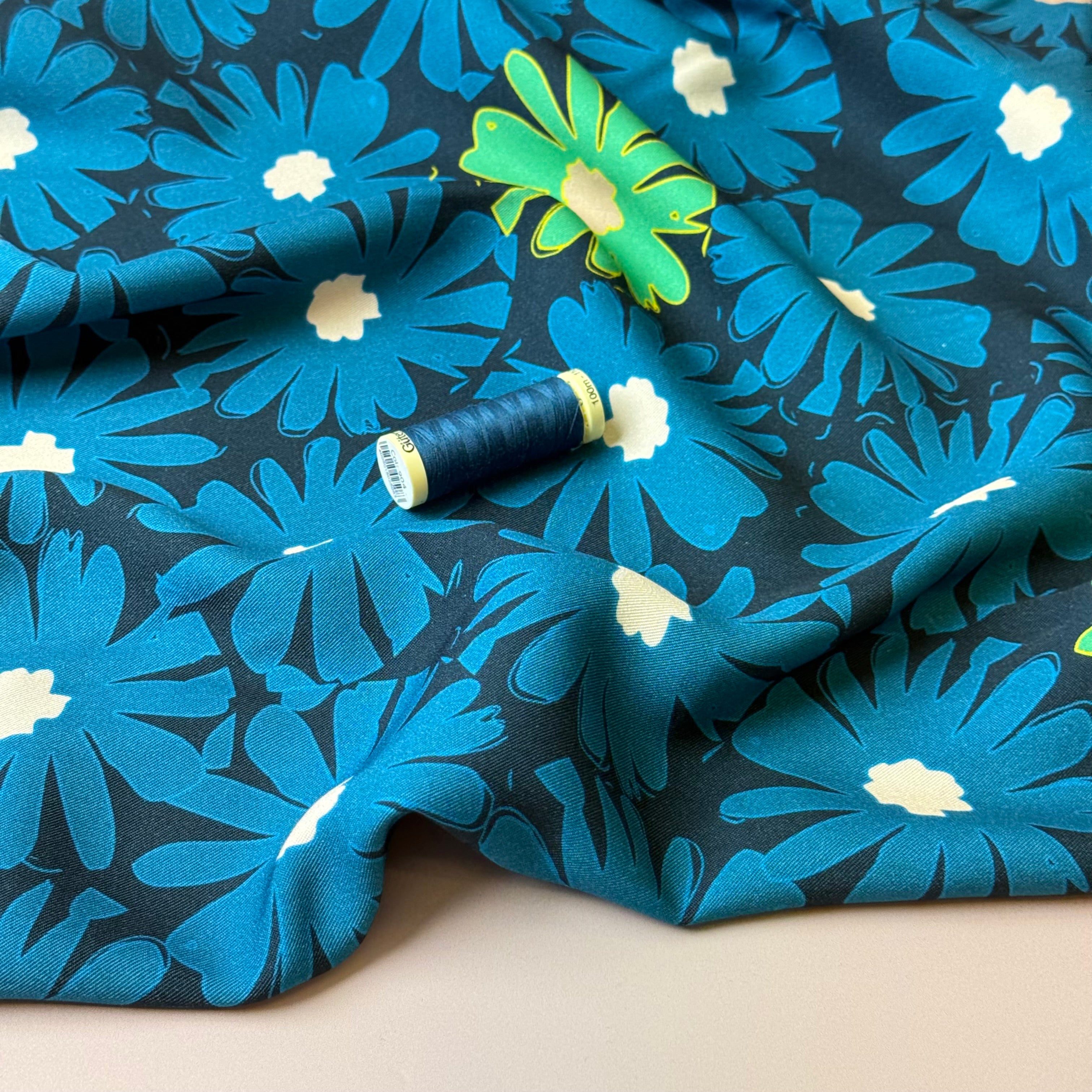 REMNANT 1.6 Metres - Light & Lush - Petrol Blue Daisies Viscose Twill Fabric