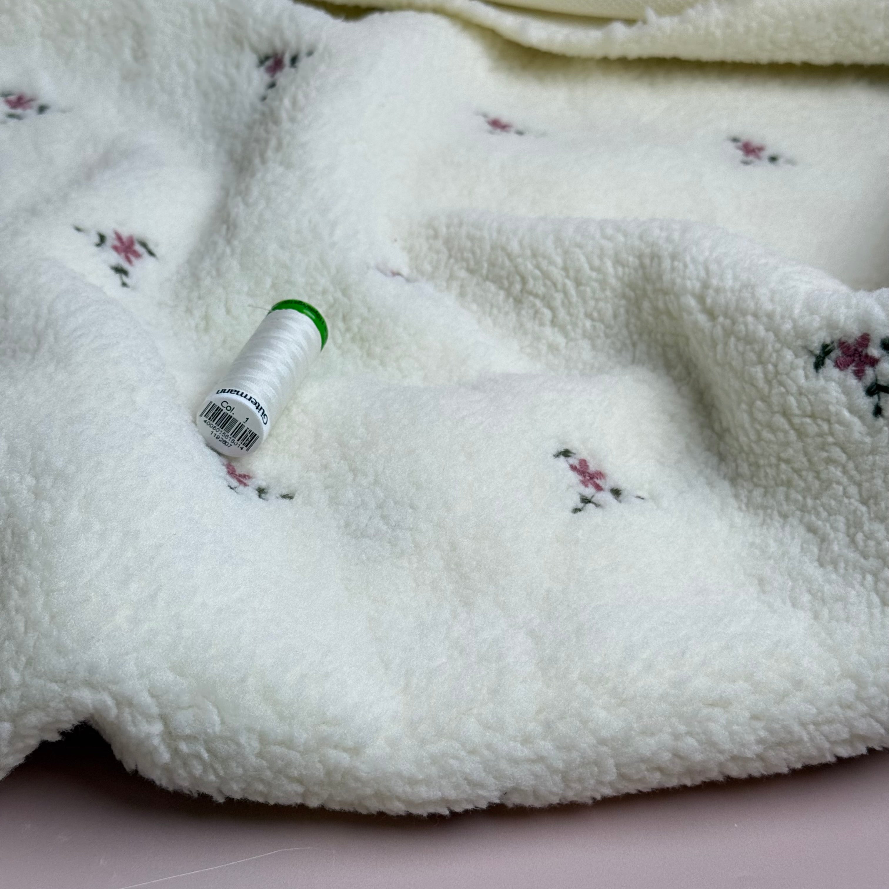 Teddy Fabric with Embroidered Flowers in Off-White