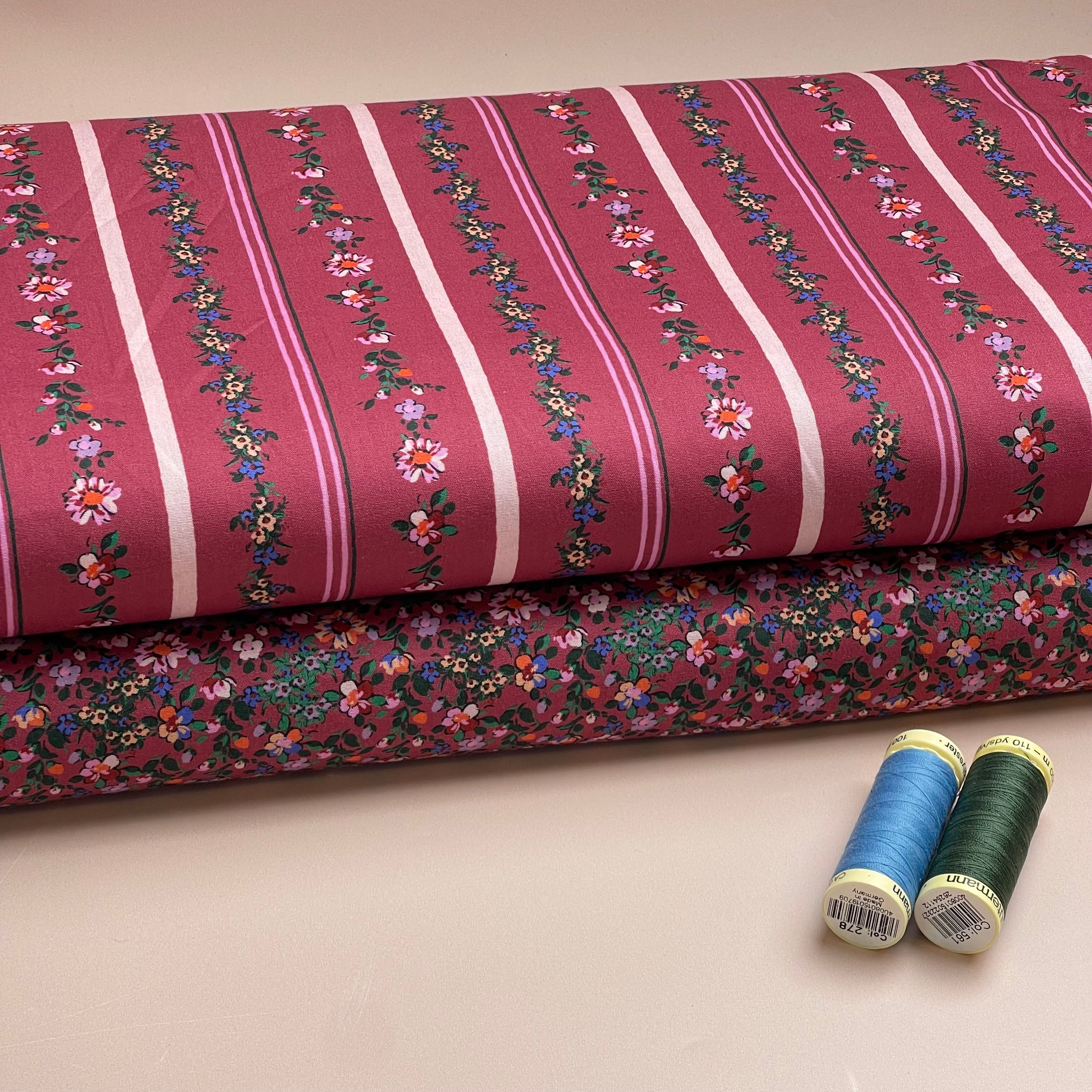 Floral Stripes on Burgundy Fine Cotton Poplin Fabric