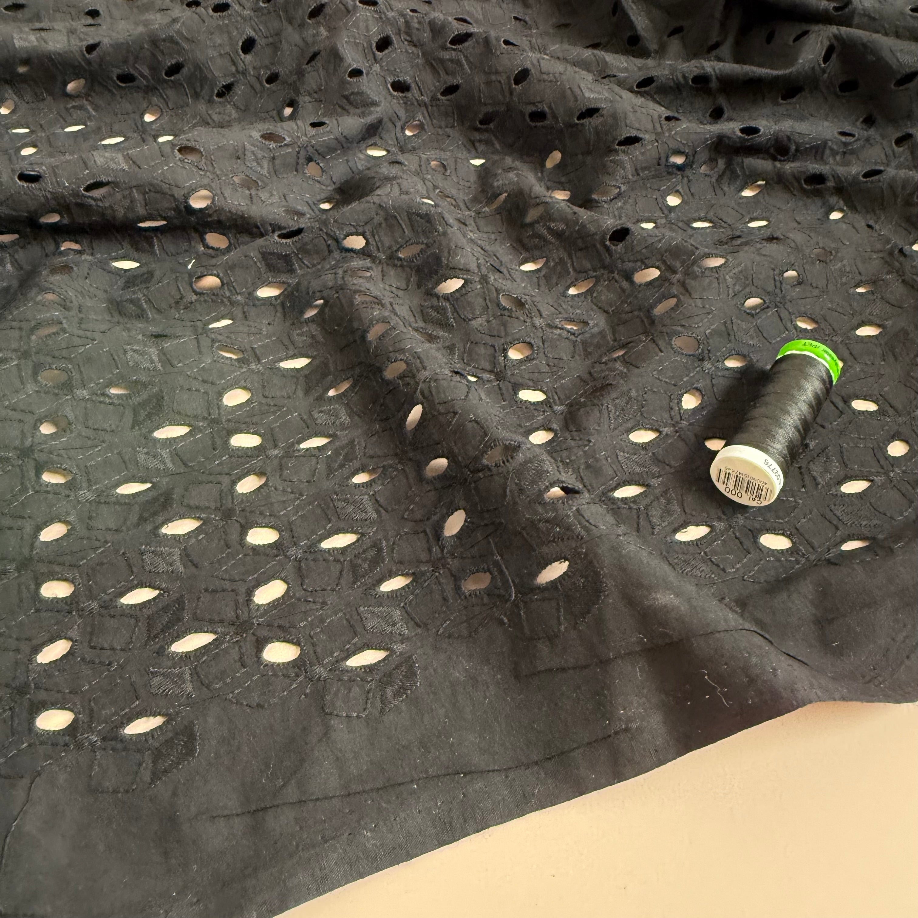 Ex-Designer Deadstock - Star Flowers on Black Broderie Analgise Cotton Fabric