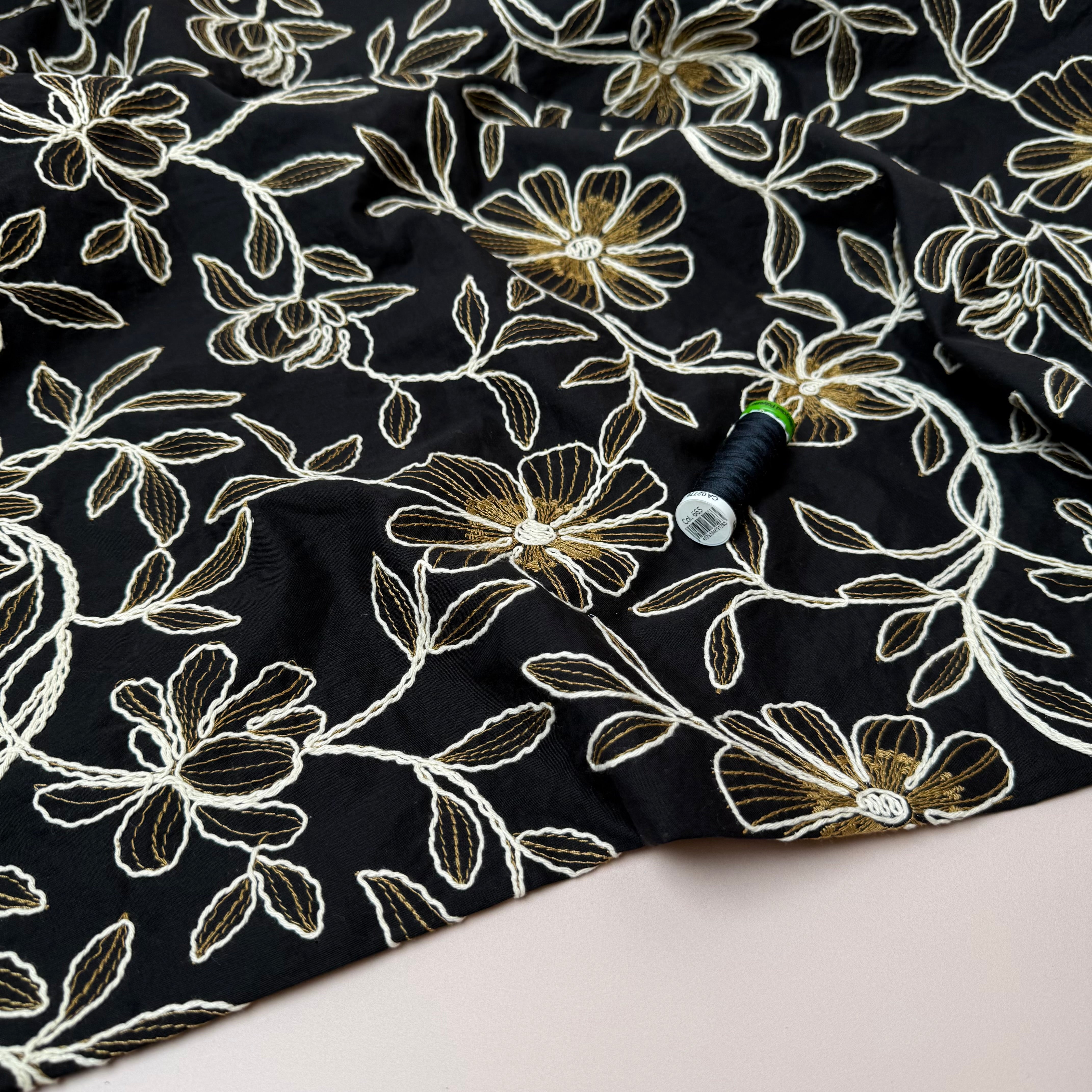 Embroidered Flowers Cotton Fabric in Black