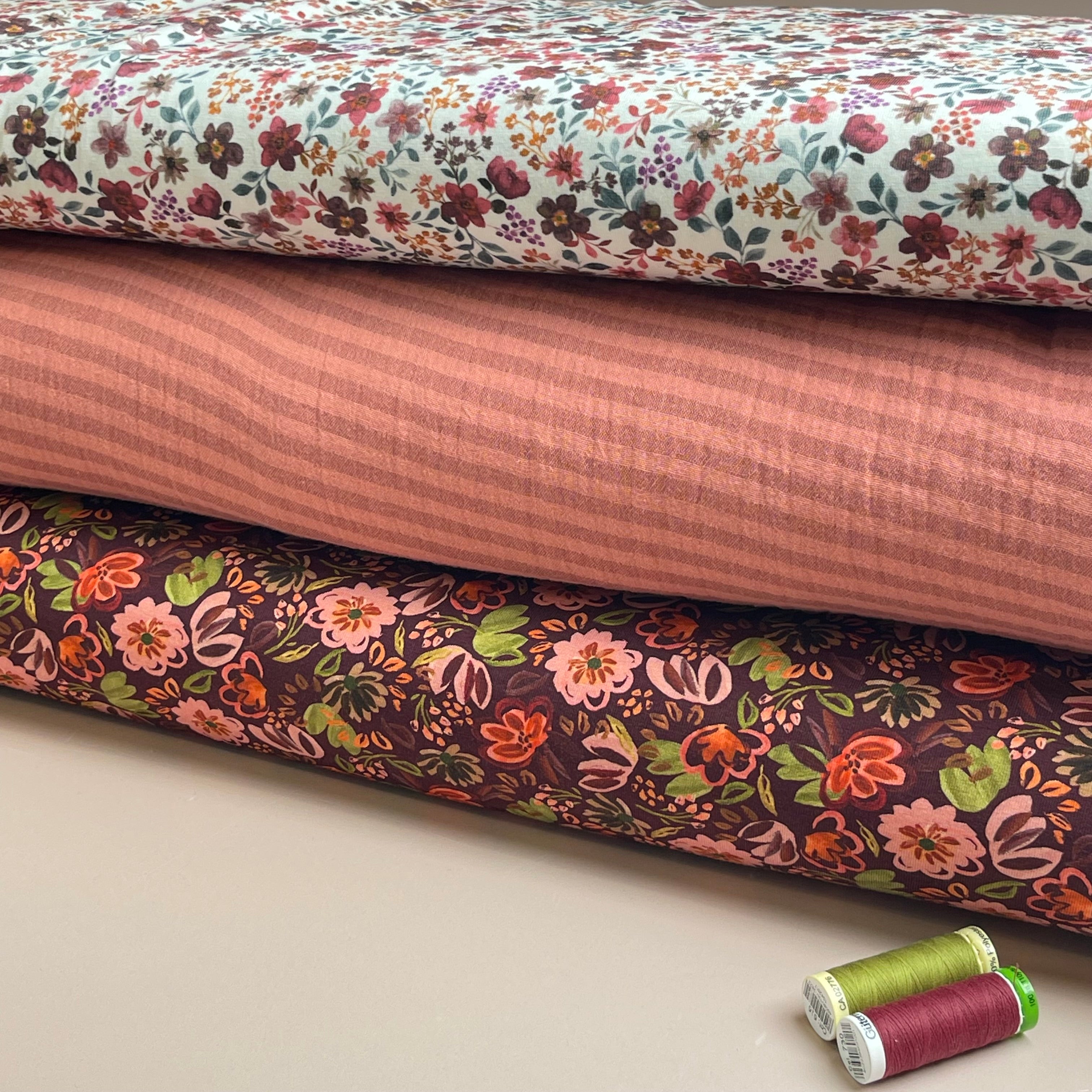 Autumn Flowers Burgundy Cotton Jersey Fabric