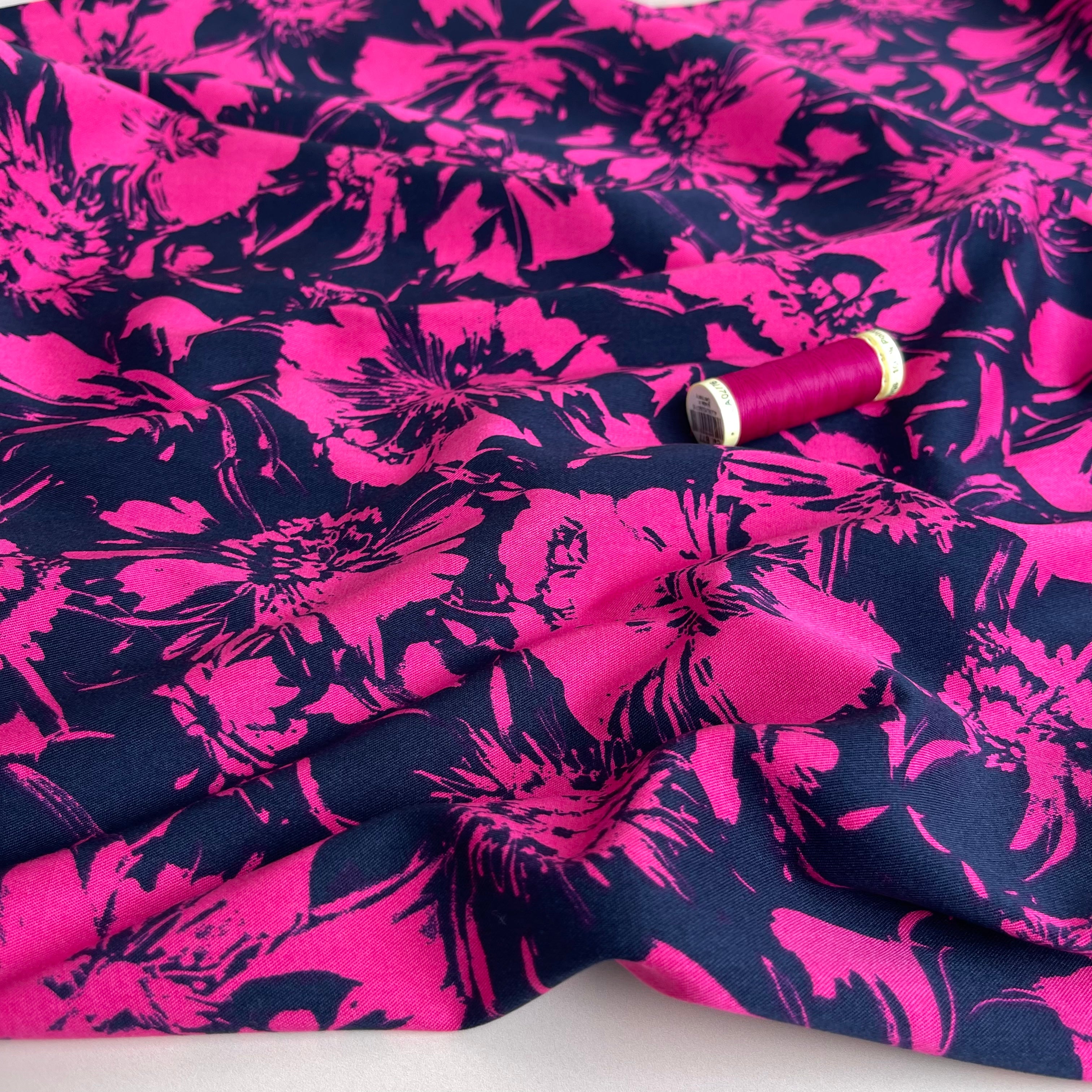 REMNANT 0.34 Metre - Rosella Fuchsia Blooms on Dark Navy Stretch Viscose Twill Fabric