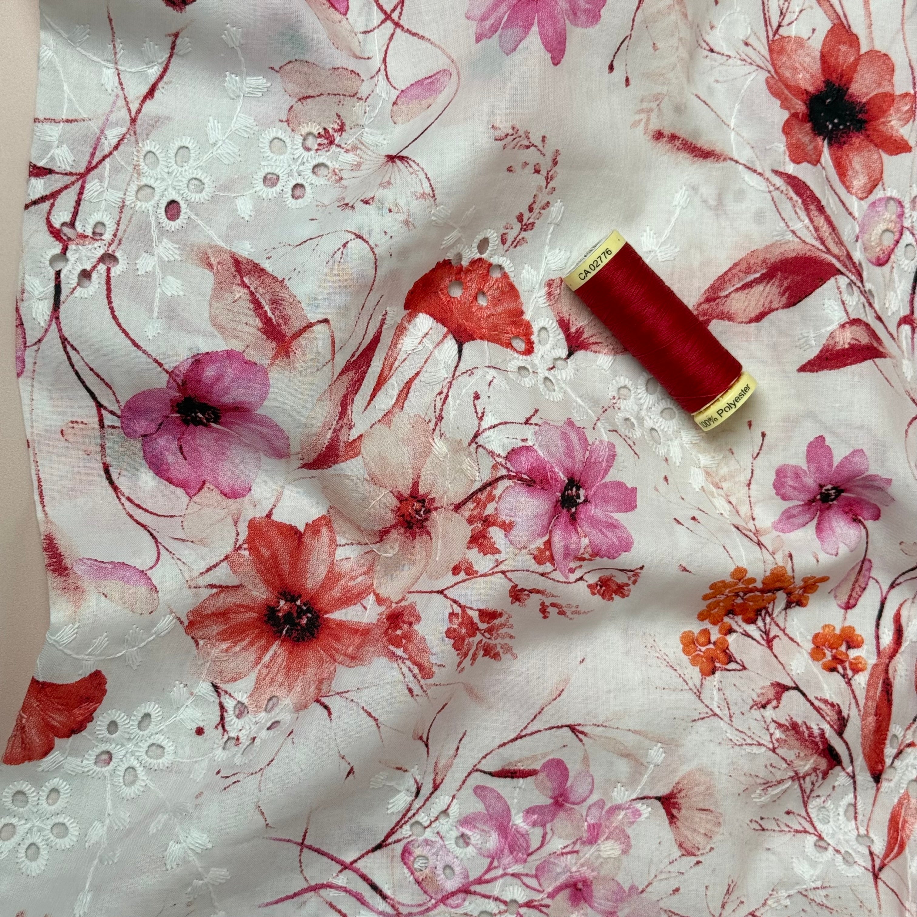 Red & Pink Flowers on Embroidered White Cotton Voile Fabric