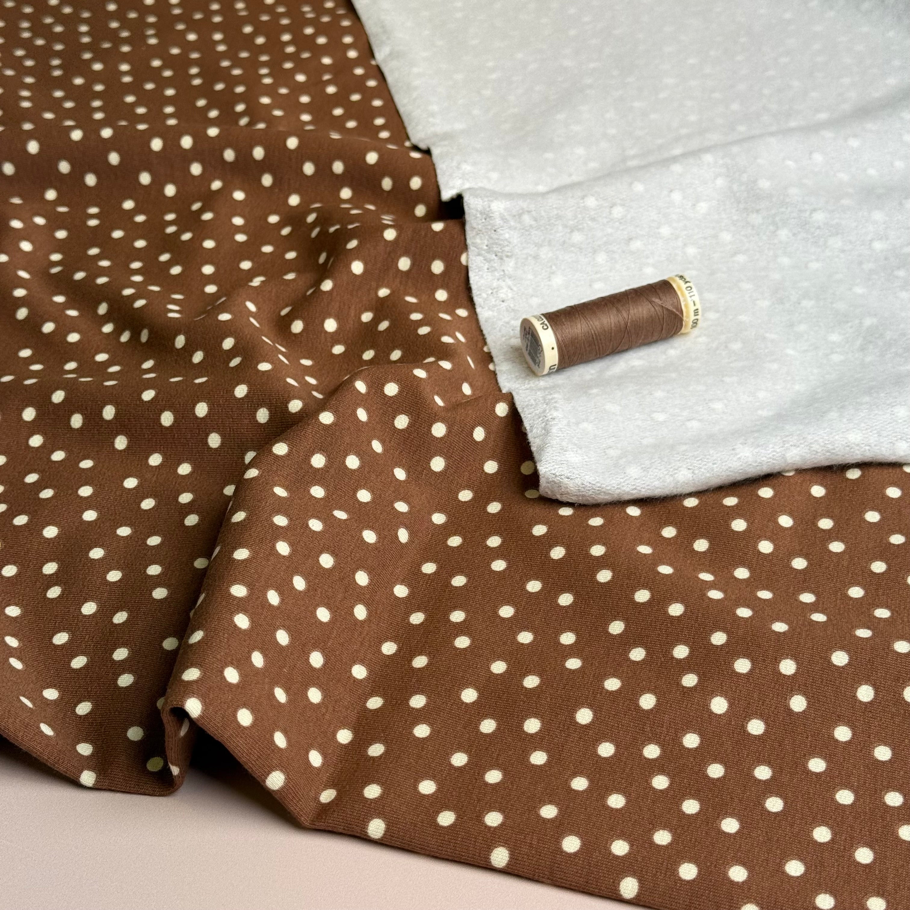 Polka Dots on Caramel Soft Cotton Sweat-shirting Fabric