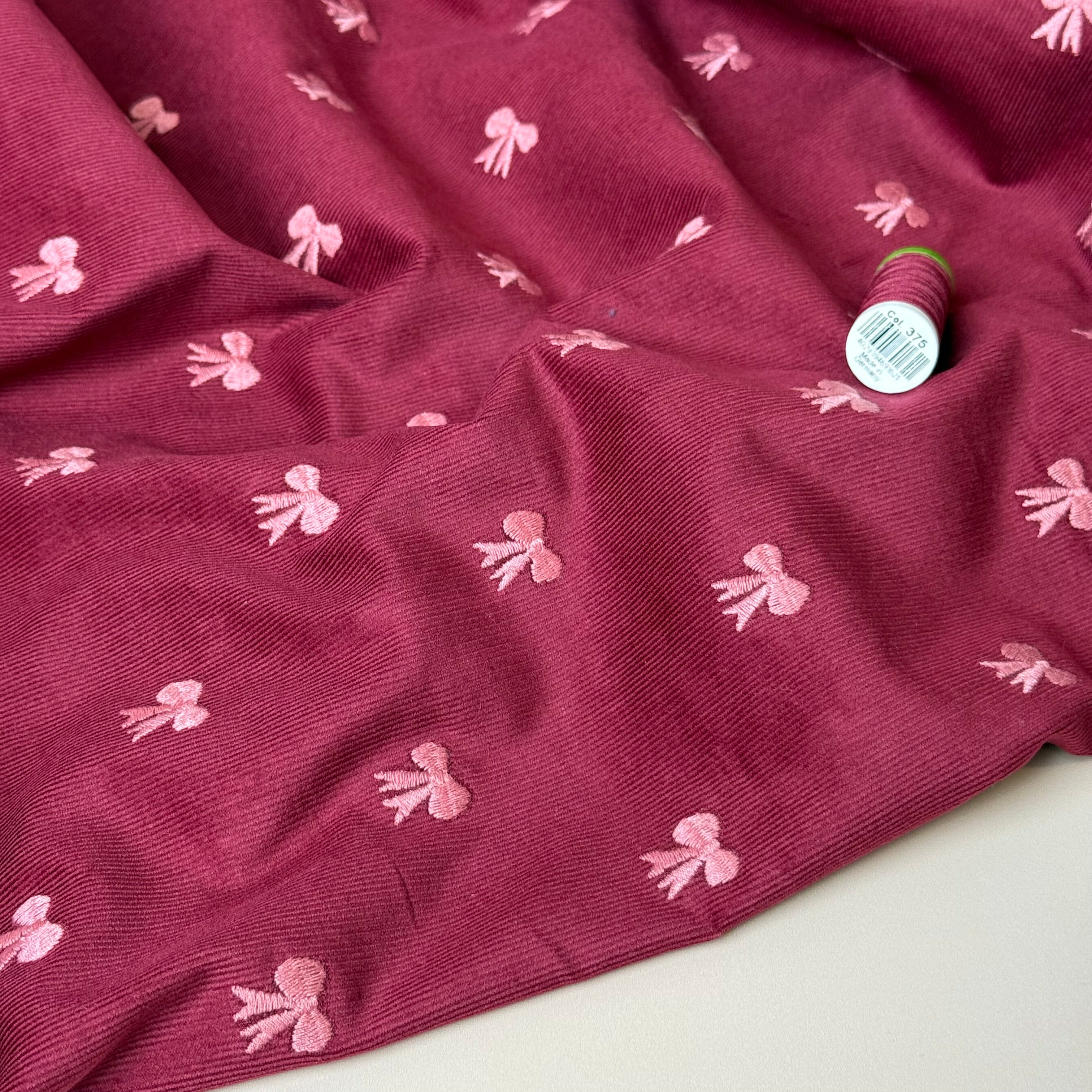 Embroidered Bows on Bordeaux Cotton Needlecord