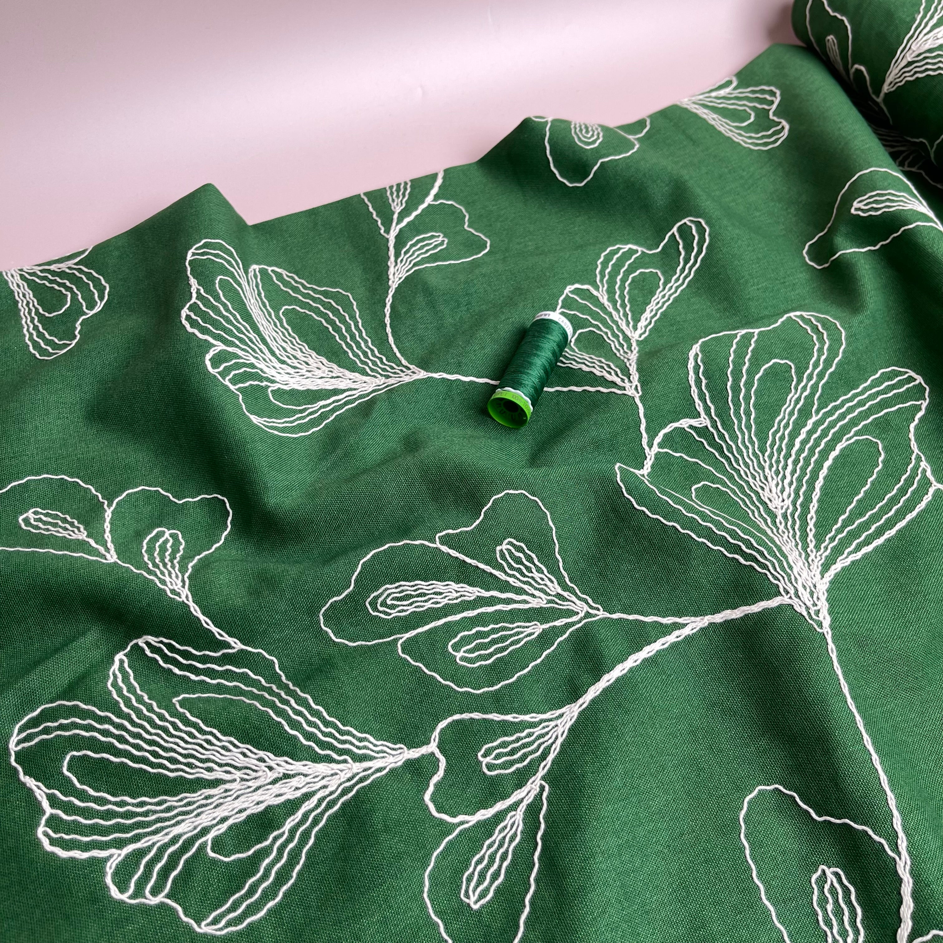 Embroidered Foliage Linen Viscose Blend Fabric in Green