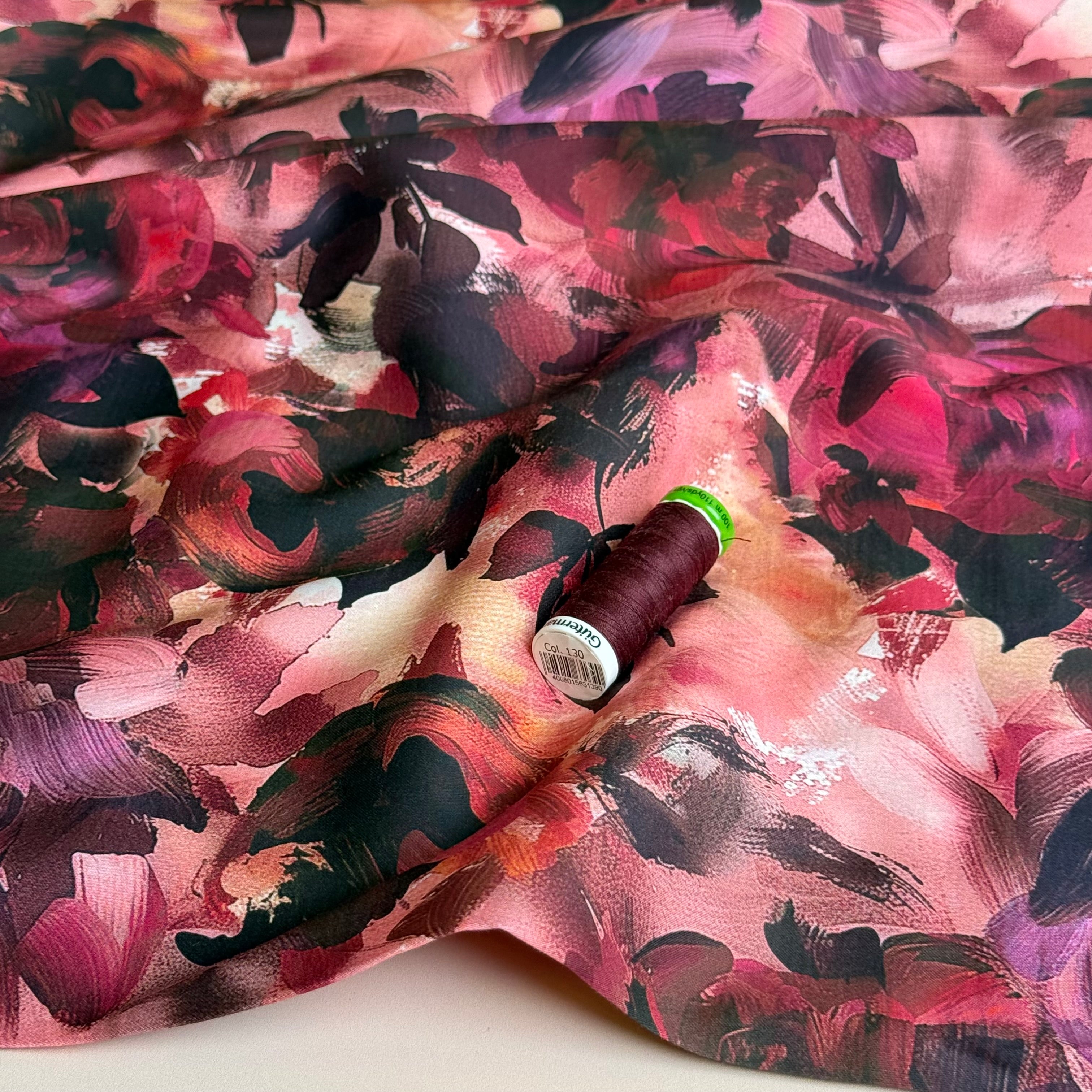 Painted Burgundy Flowers Cotton Sateen Fabric