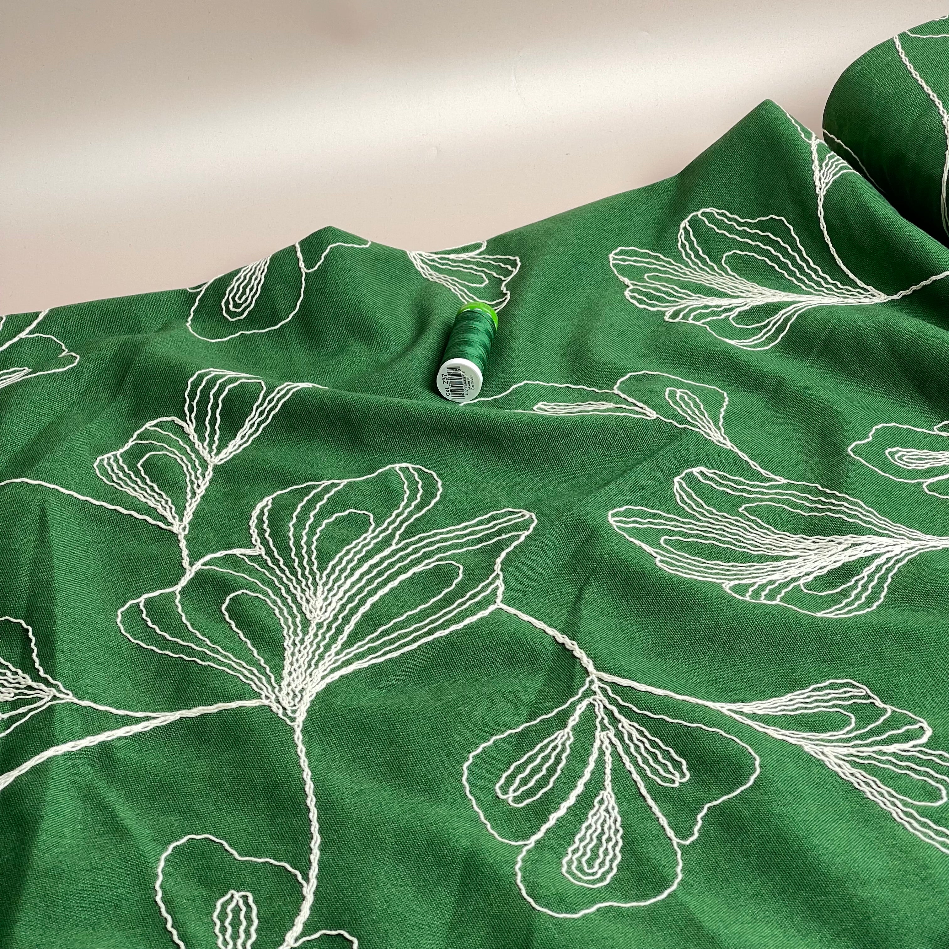 Embroidered Foliage Linen Viscose Blend Fabric in Green