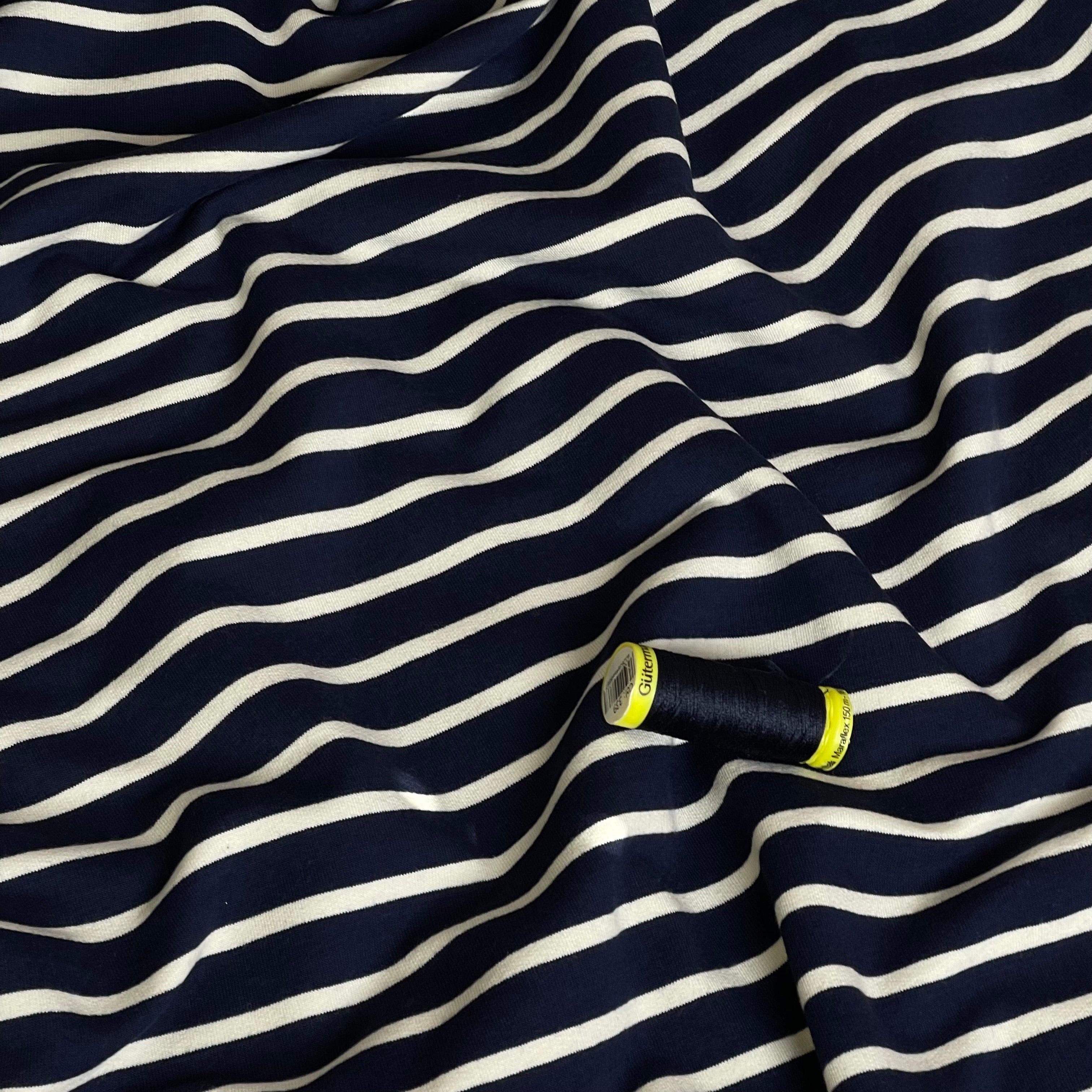 Yarn Dyed Ecru Stripes on Navy Cotton French Terry